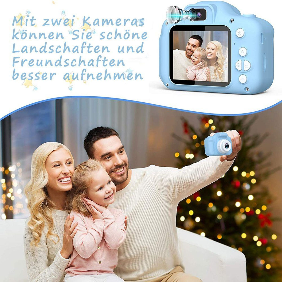 Familia tomando selfie con cámara azul de juguete. Texto: Captura mejores paisajes y amigos.
