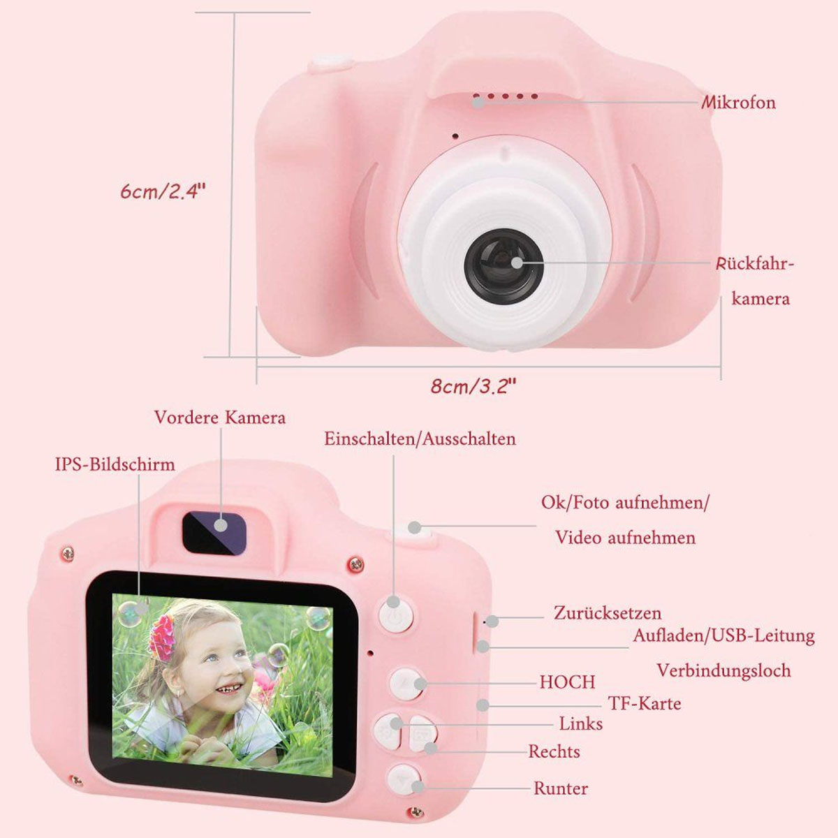 Una cámara rosa para niños con medidas. La cámara tiene botones y una pantalla. Se muestran las partes etiquetadas.