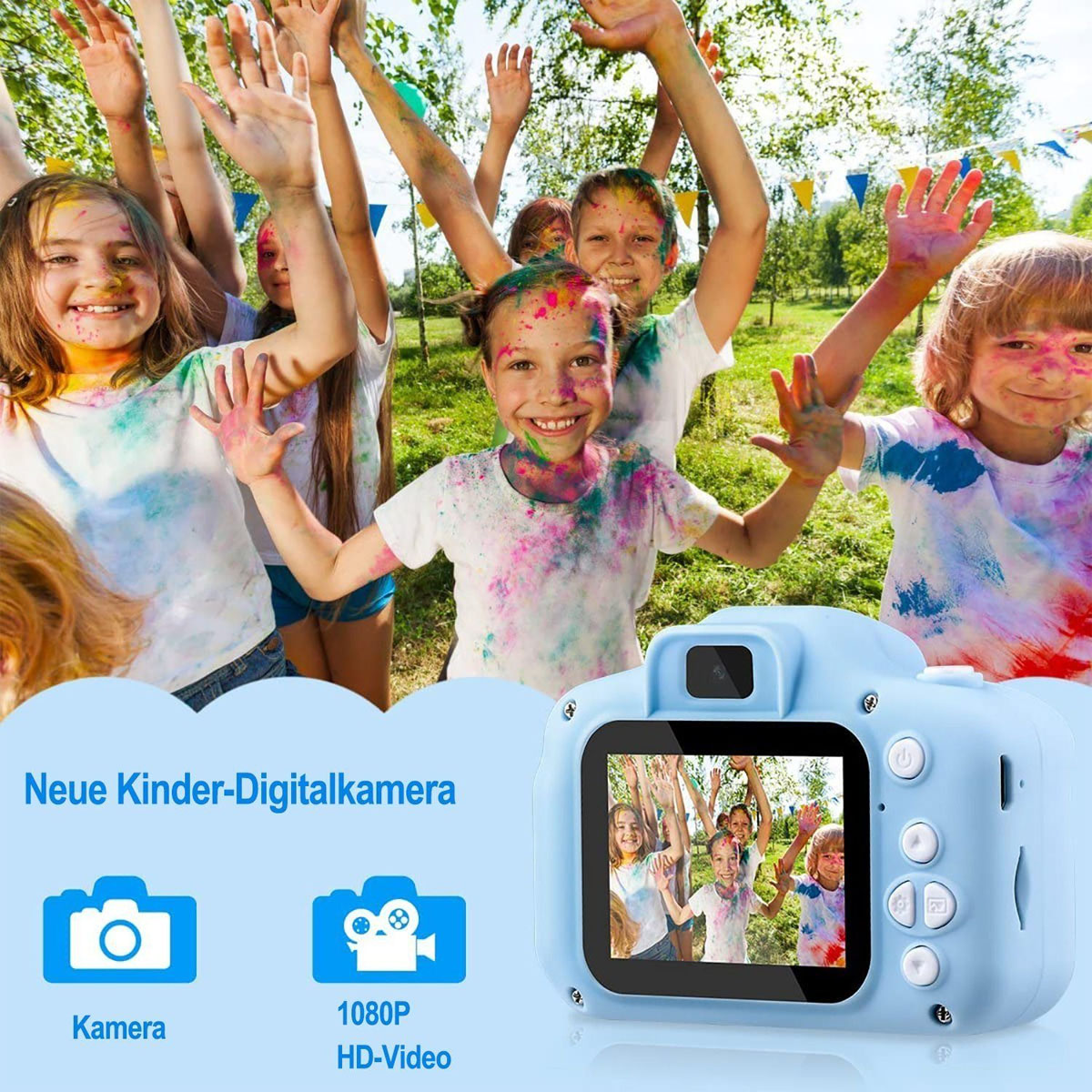 Cámara azul para niños, niños jugando en pantalla, niños con pintura sonriendo.