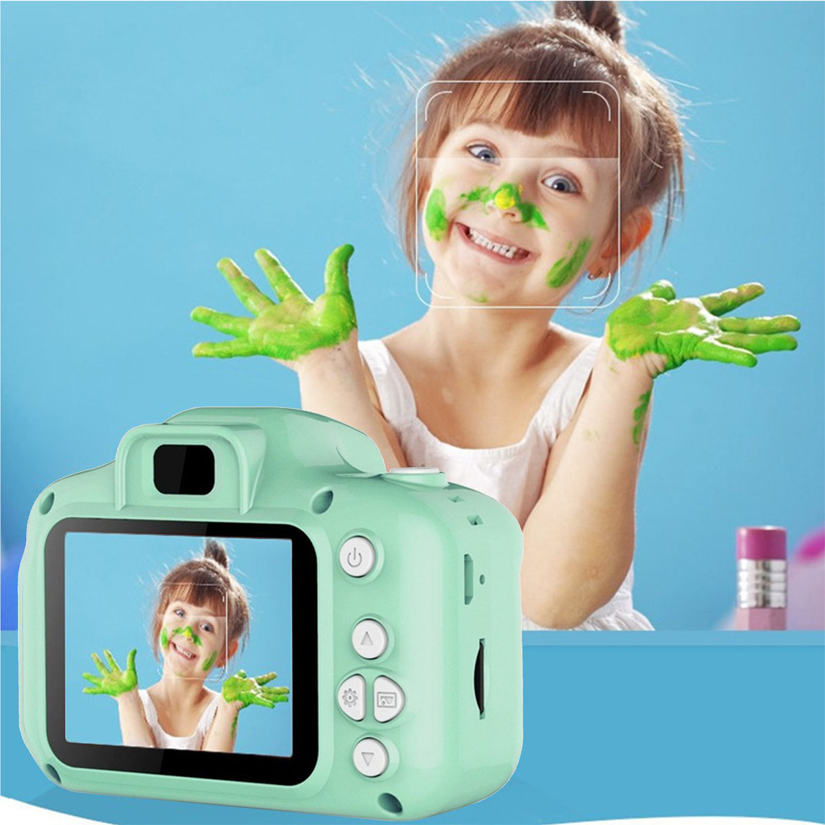 KINSI Kinder Kamera,mit 2.0-Zoll,Cartoon-Aufkleber,1080P HD Sofortbildkamera 32GB,USB DSLR-Kamera, LCD- Kinderkamera Grüne