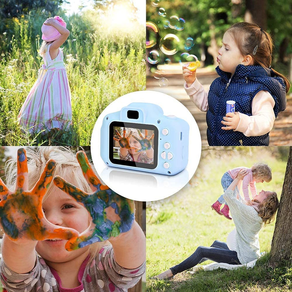 Eine Collage von Kindern mit einer blauen Digitalkamera und Szenen von Outdoor-Aktivitäten.