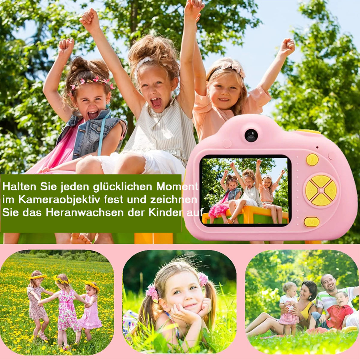 Rosa Kinderkamera mit Bildern von Kindern. Zusätzliche Fotos von spielenden Kindern unten.