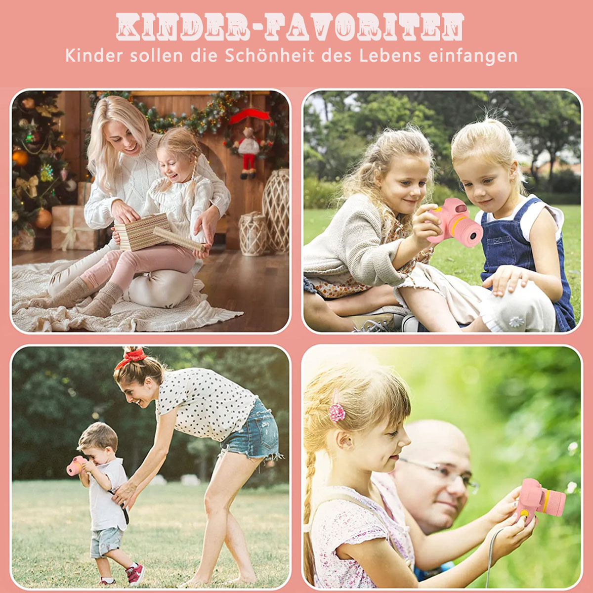 Vier kleine Bilder von Kindern mit Kameras. Die Bilder sind in rosa Rahmen.