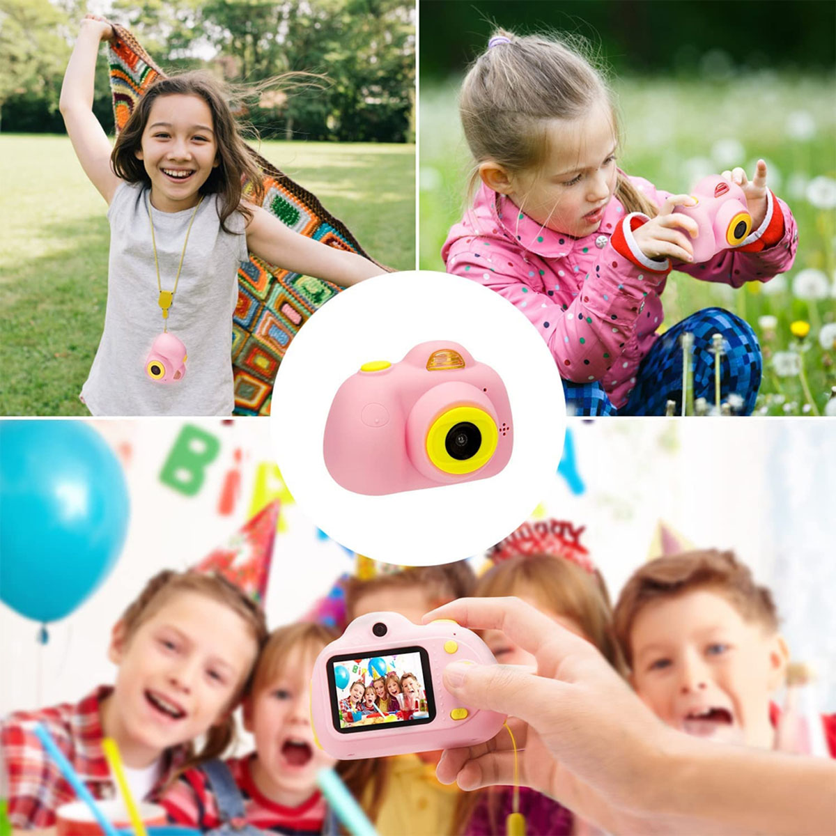 Vier Bilder, Kind mit rosa Spielzeugkamera. Kinder auf Party.