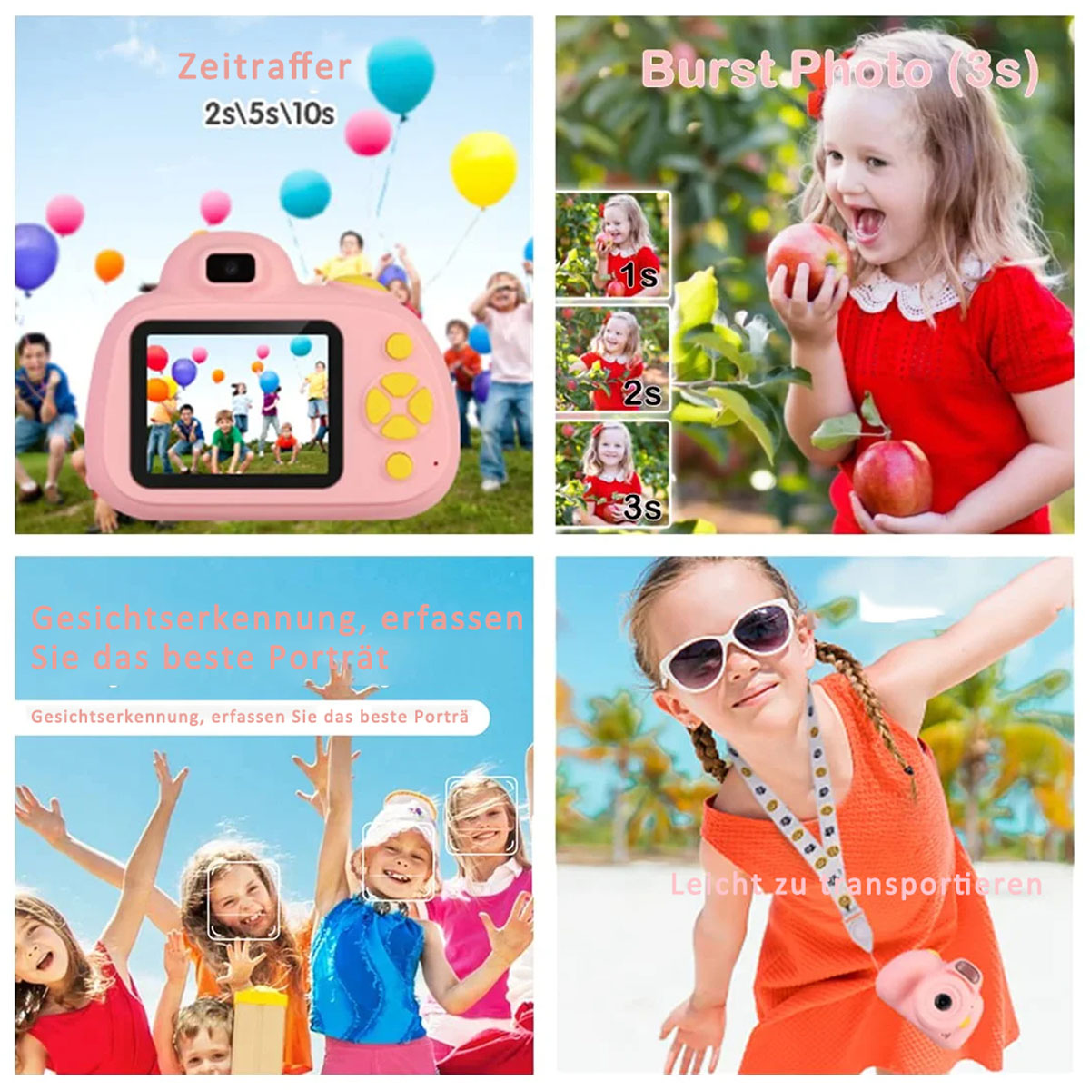 Rosa Kamera, Kinder spielen mit Ballons. Mädchen isst Apfel, Gesichtserkennung. Mädchen mit Sonnenbrille und Kamera.