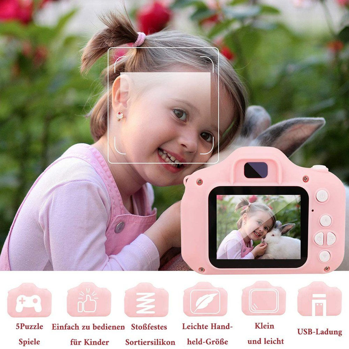 Una niña pequeña sosteniendo una cámara rosa, sonriendo. Íconos y texto debajo de la cámara.