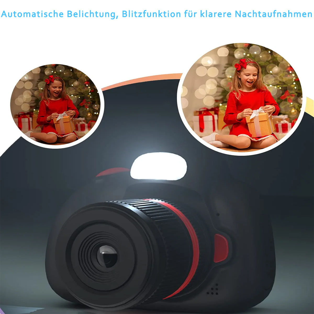 Kamera und zwei Bilder eines Kindes, das ein Geschenk unter einem Weihnachtsbaum öffnet.