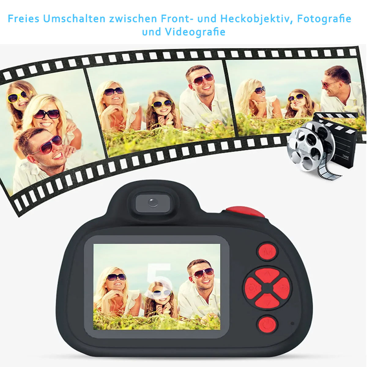 Schwarze Kinderkamera mit Bildschirm, der ein Familienfoto, Filmstreifen und Filmrolle zeigt.