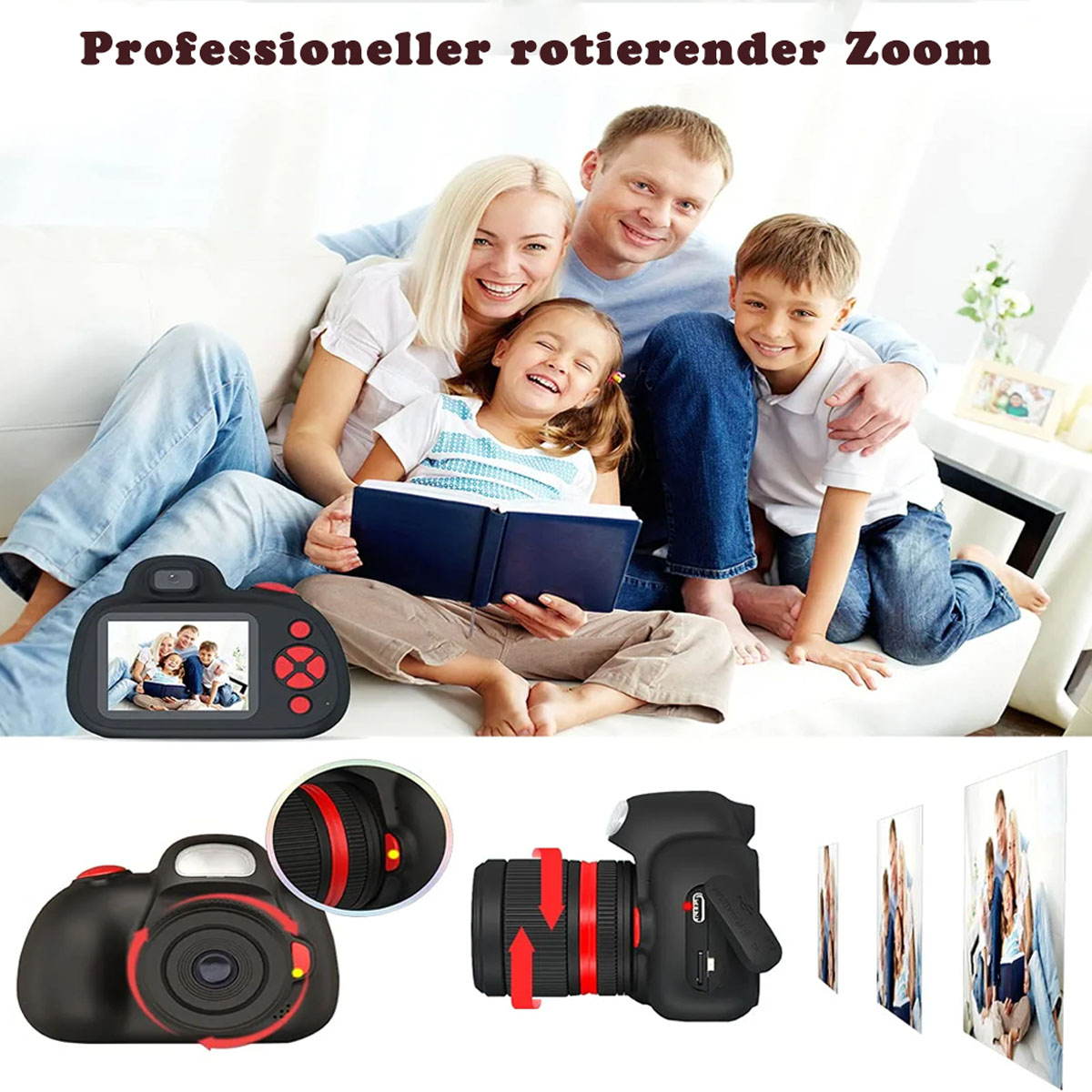 Familie schaut auf eine Kamera. Die Kamera wird vom Vater gehalten. Mehrere Kameras und Teile werden angezeigt.