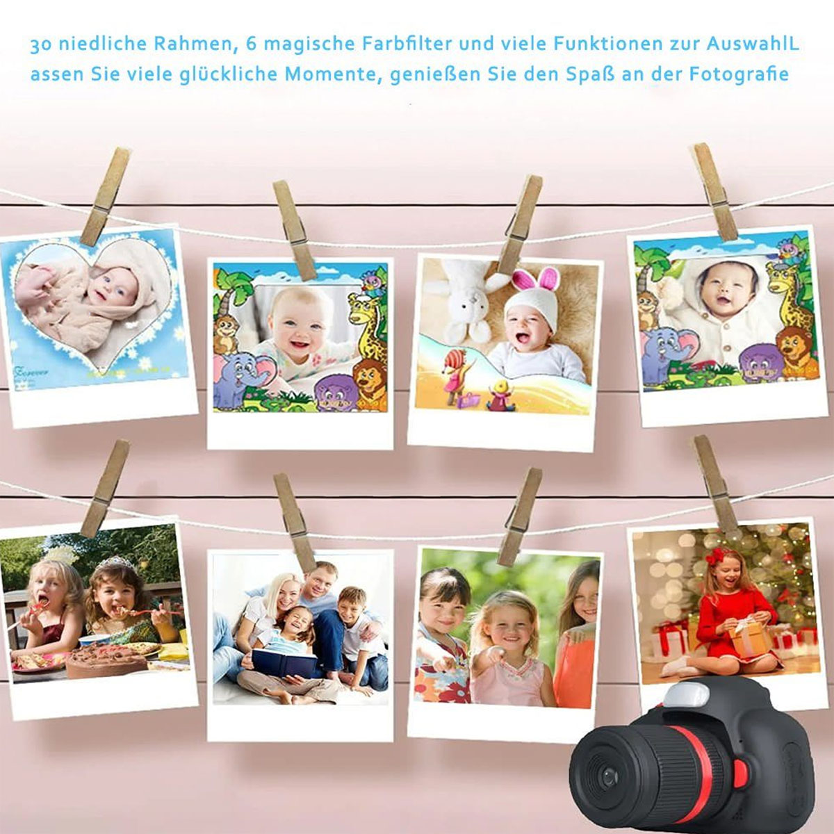 Fotos von Babys und Kindern an einer Wäscheleine, mit einer schwarzen Kamera unten.