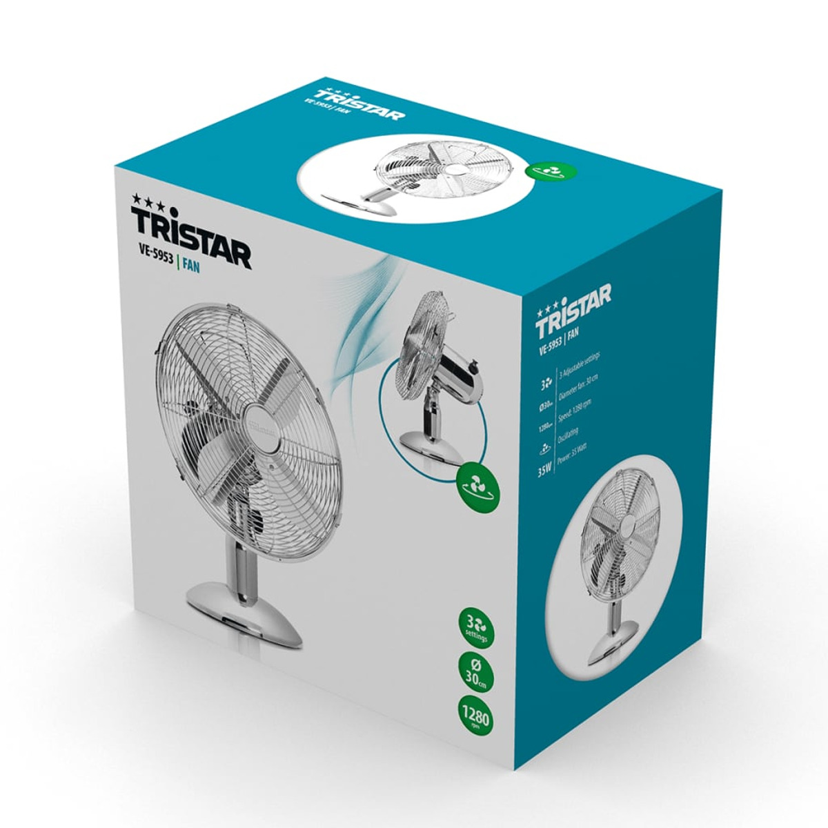 Ventilatordoos met een afbeelding van een ventilator. De doos is blauw en wit.