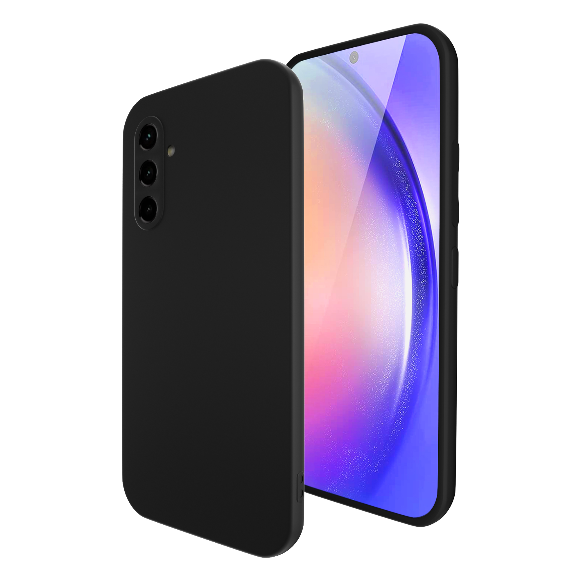Telefono e custodia neri, con lenti della fotocamera e pulsanti visibili.