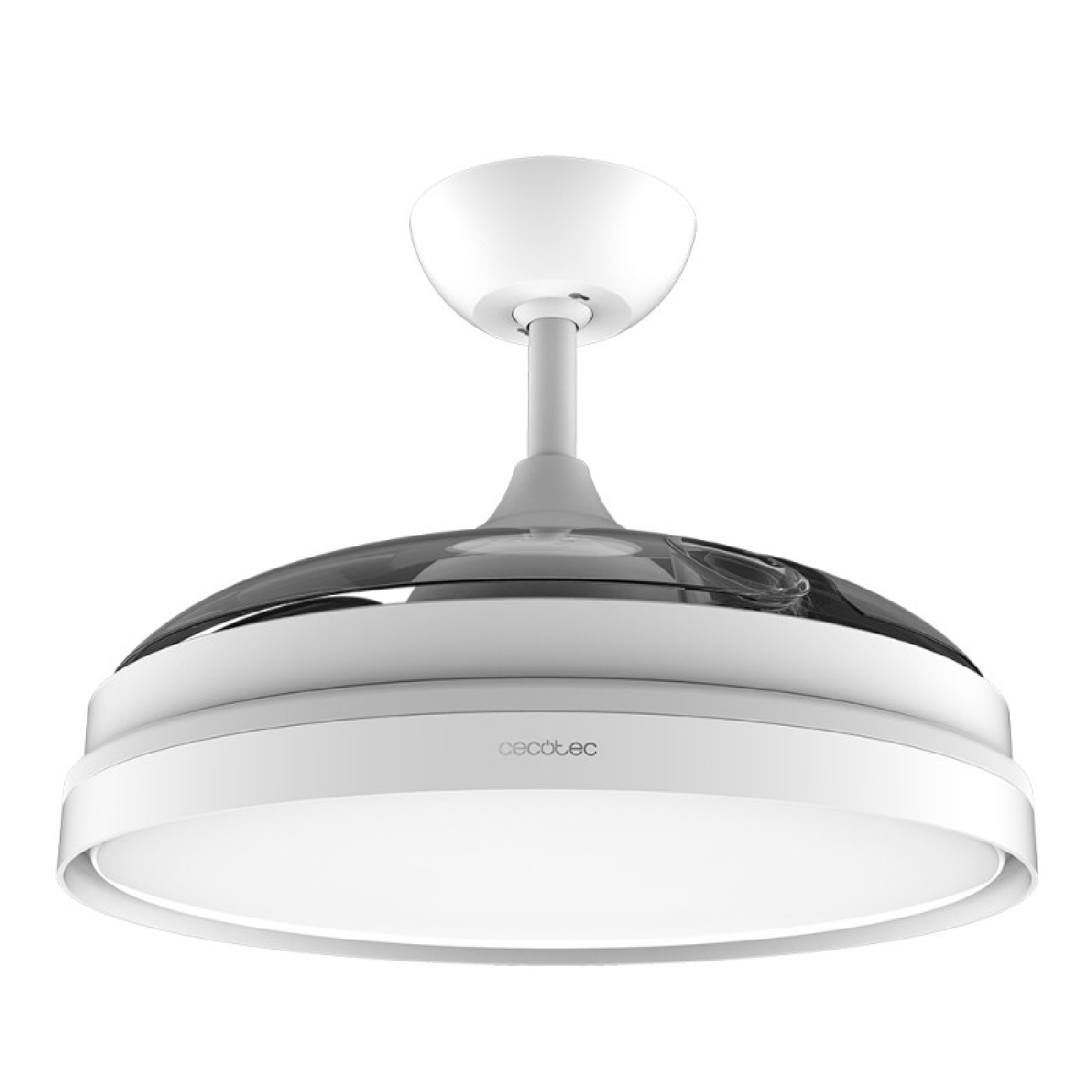 Biały wentylator sufitowy ze światłem. Wentylator ma błyszczący, zakrzywiony design i biały panel świetlny.