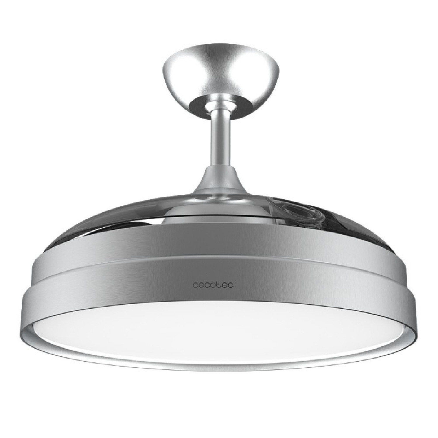 Srebrny wentylator sufitowy ze światłem. Wentylator ma okrągły kształt. Tło jest białe.