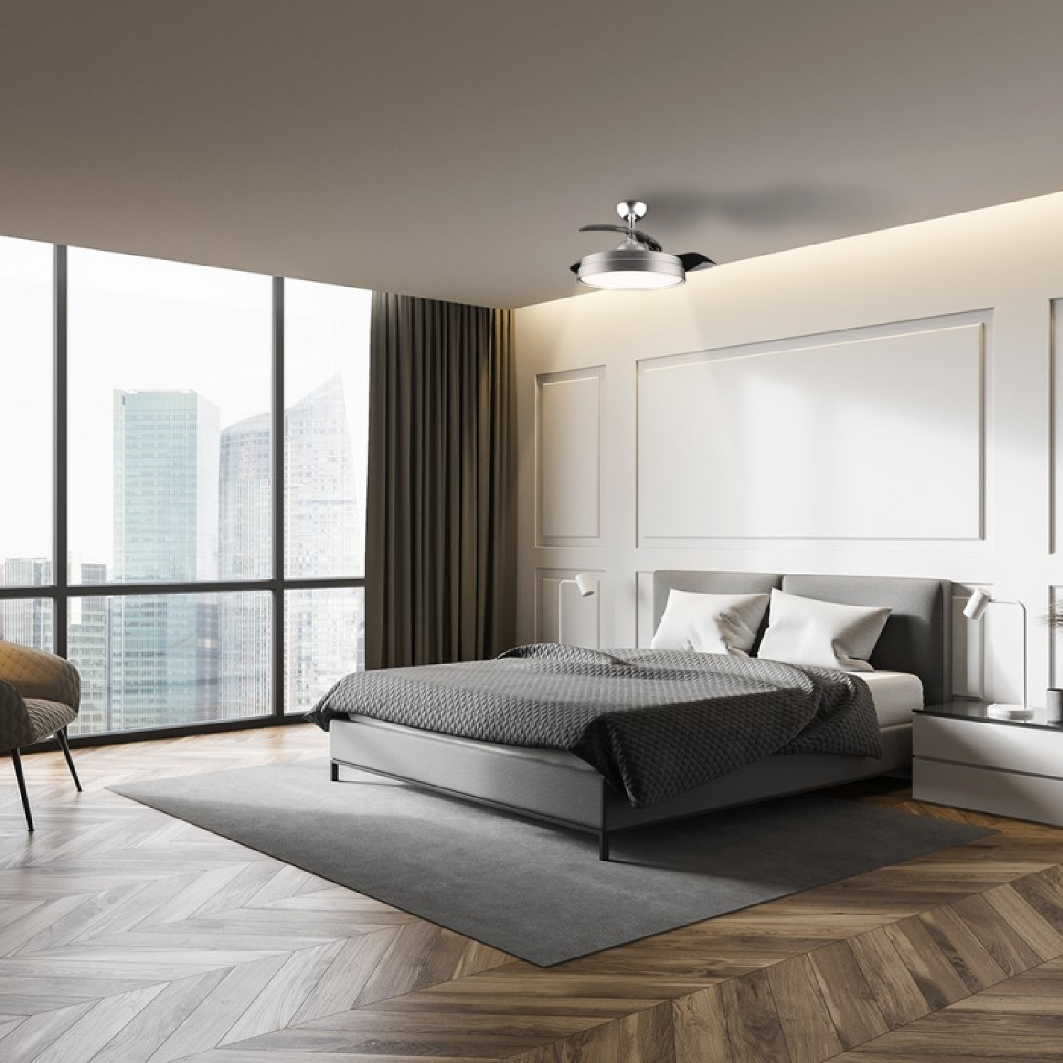 Sypialnia z łóżkiem, oknem i widokiem na miasto. Wentylator sufitowy nad łóżkiem.