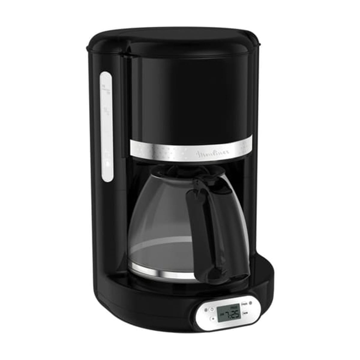 Macchina da caffè nera con caraffa in vetro e display digitale.