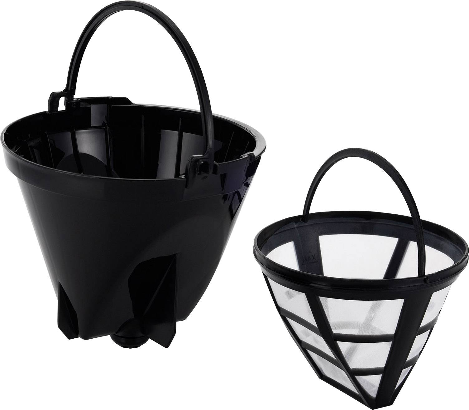 Dwa czarne filtry do kawy z uchwytami, jeden pełny i jeden siatkowy.