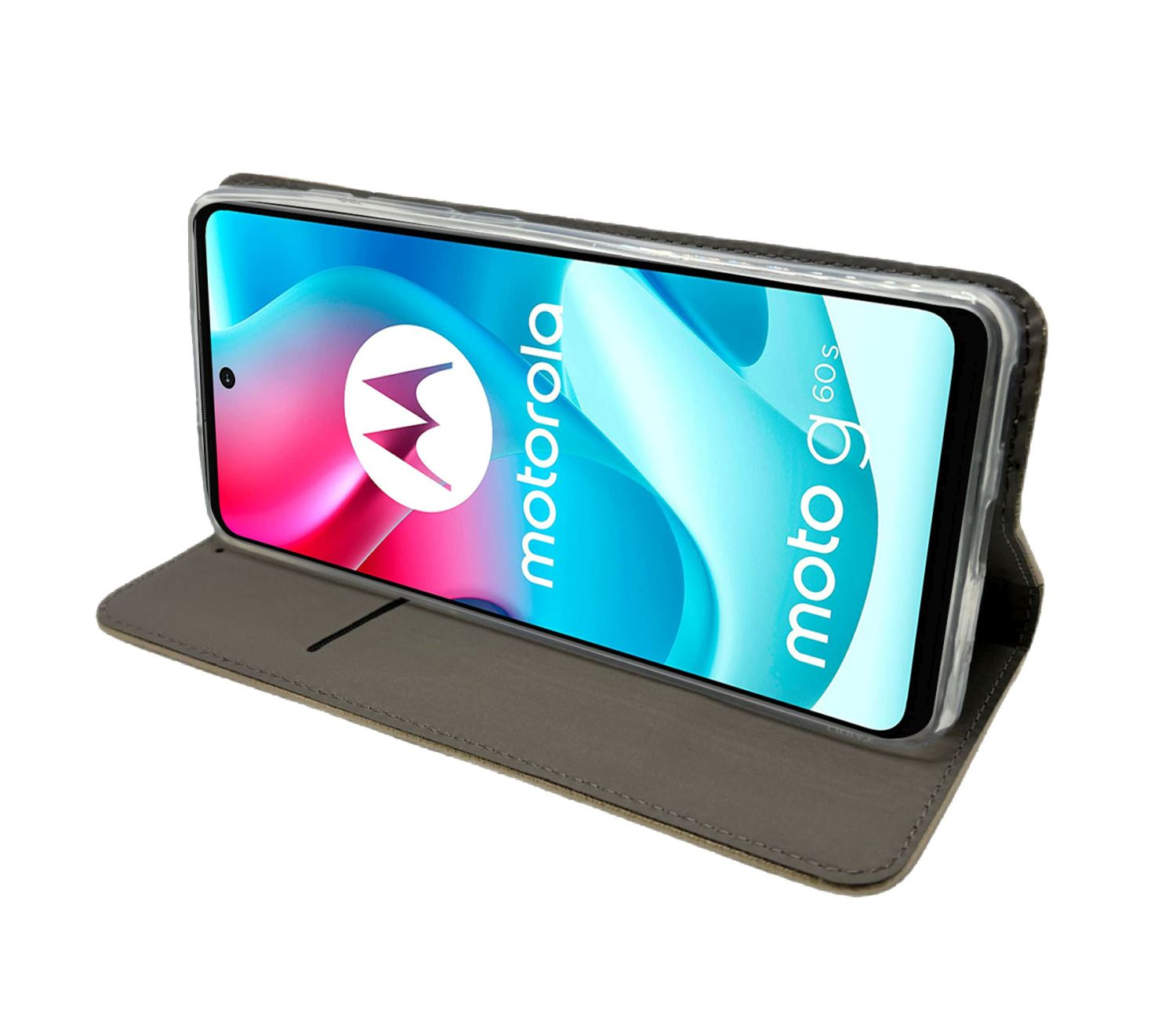 Ein Motorola-Telefon in einem grauen Gehäuse ist geöffnet. Der Bildschirm zeigt eine Grafik.