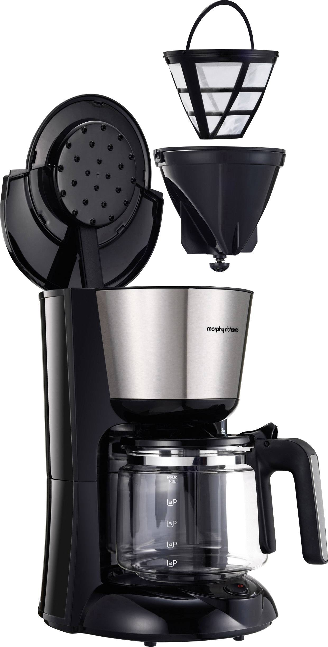 Ekspres do kawy z oddzielonymi komponentami, na białym tle.