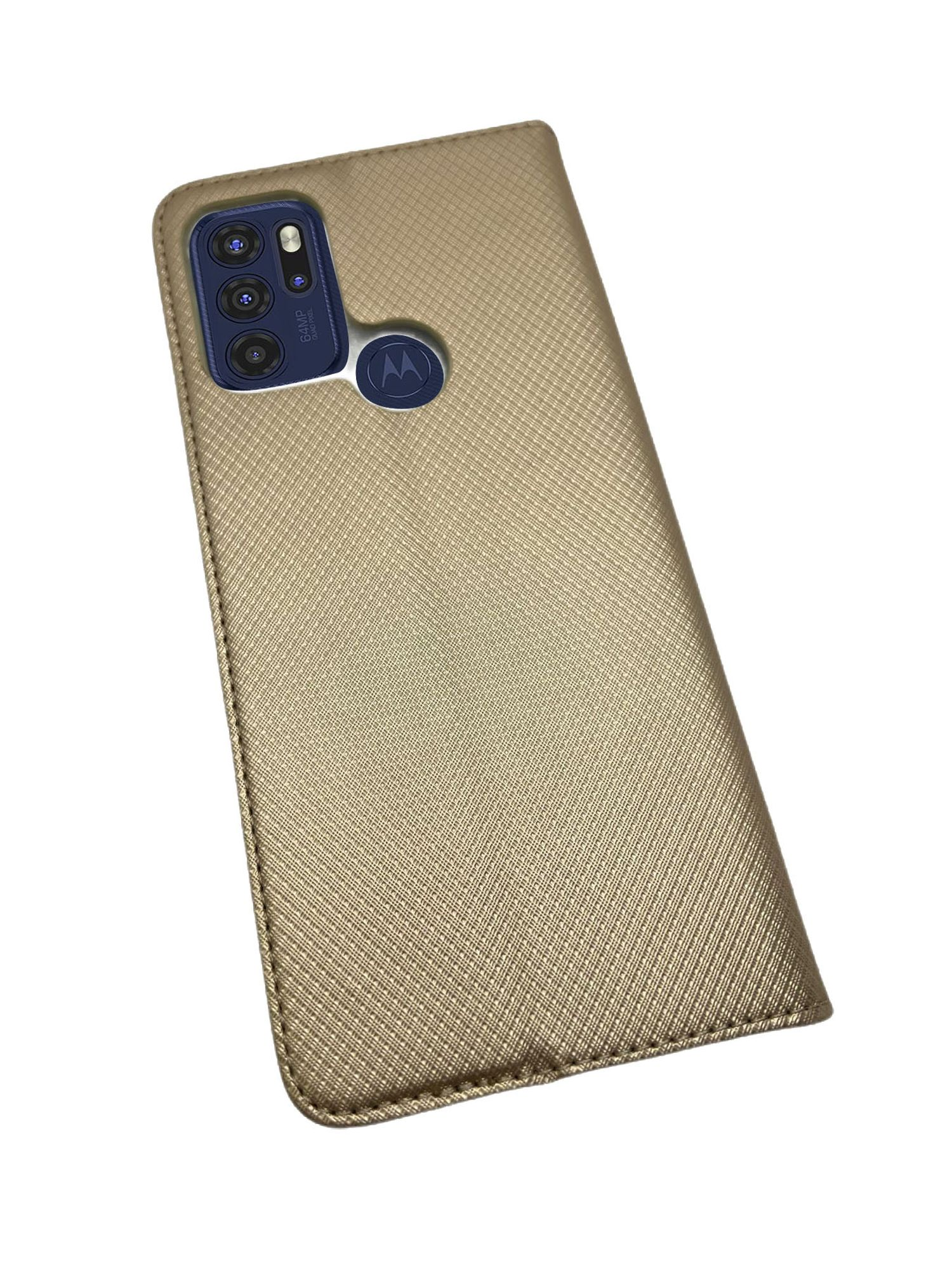 Eine goldene Handyhülle. Die Hülle bedeckt das Telefon und hat eine strukturierte Oberfläche. Die Kamera des Telefons ist sichtbar.