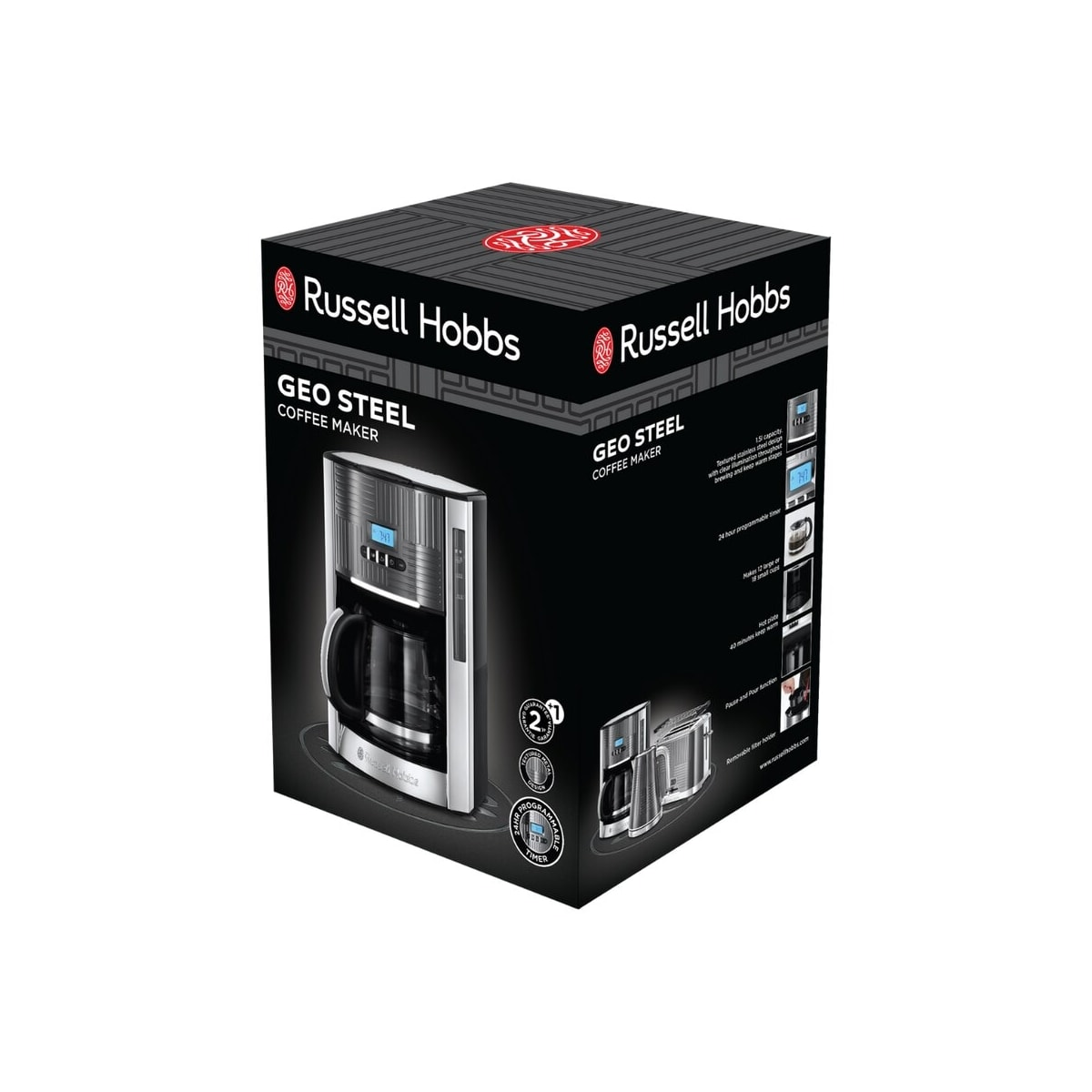 Ekspres do kawy Russell Hobbs Geo Steel w pudełku. Czarny i srebrny, białe tło.