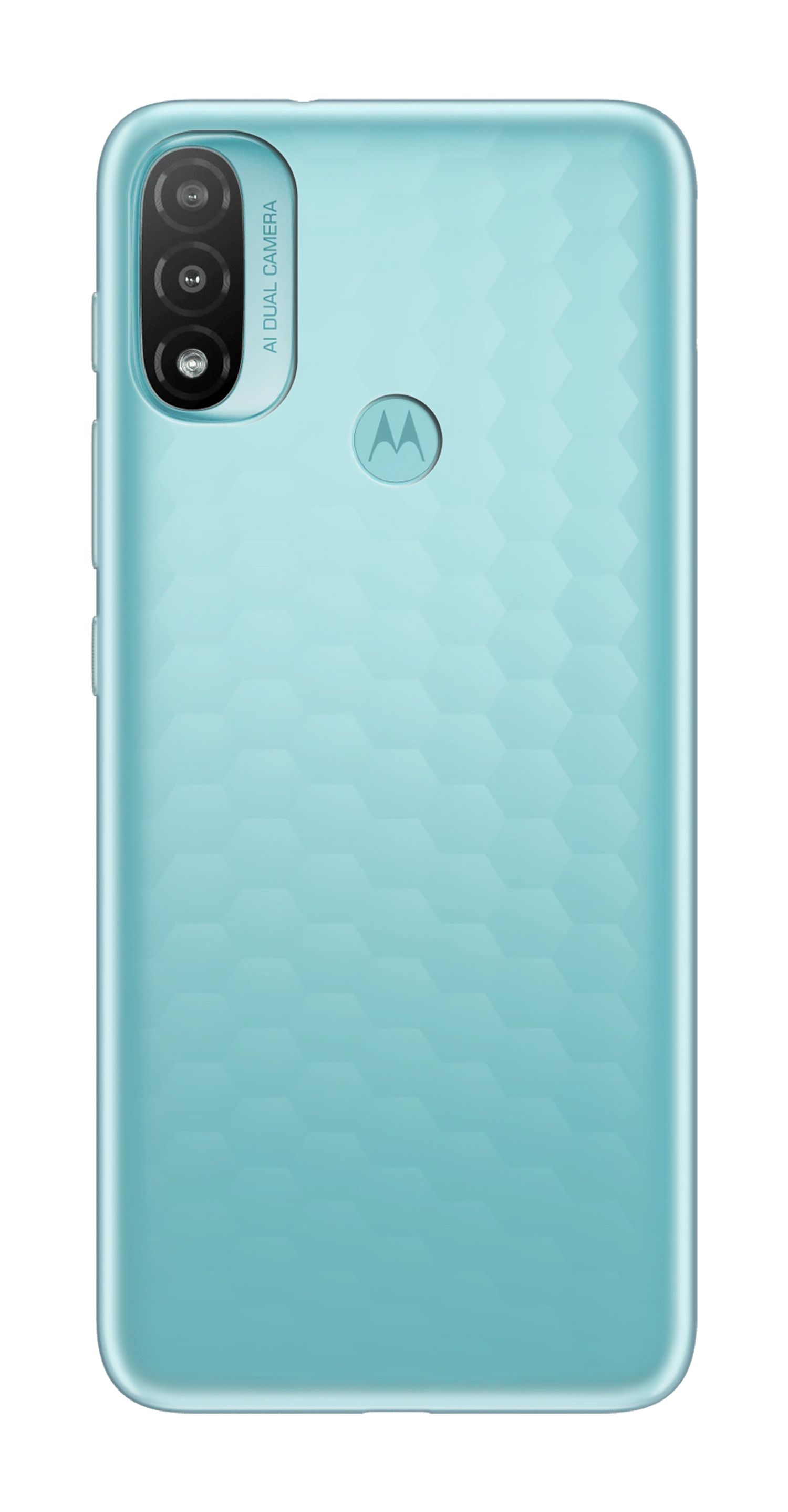 Blaues Smartphone mit Dual-Kamera und Motorola-Logo auf der Rückseite.