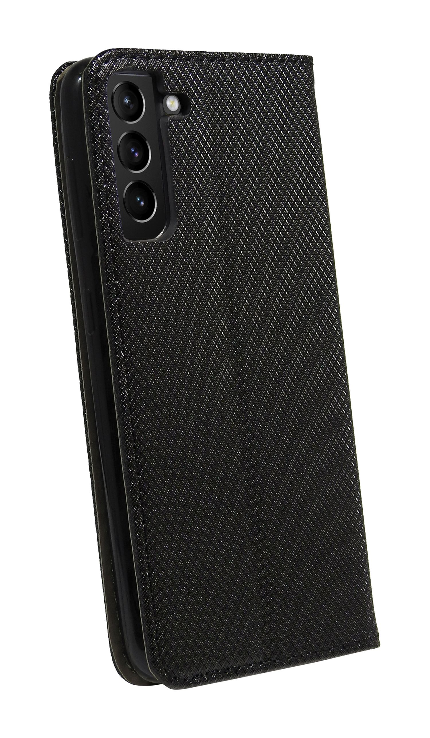 Eine schwarze Handyhülle mit strukturiertem Muster. Die Hülle ist offen und zeigt ein Telefon mit drei Kameras.
