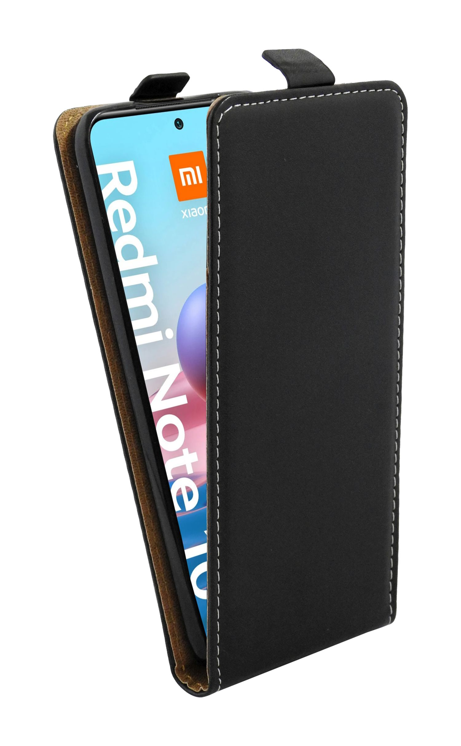 Eine schwarze Handyhülle geöffnet, die ein Telefon mit weißem und orangefarbenem Display zeigt.
