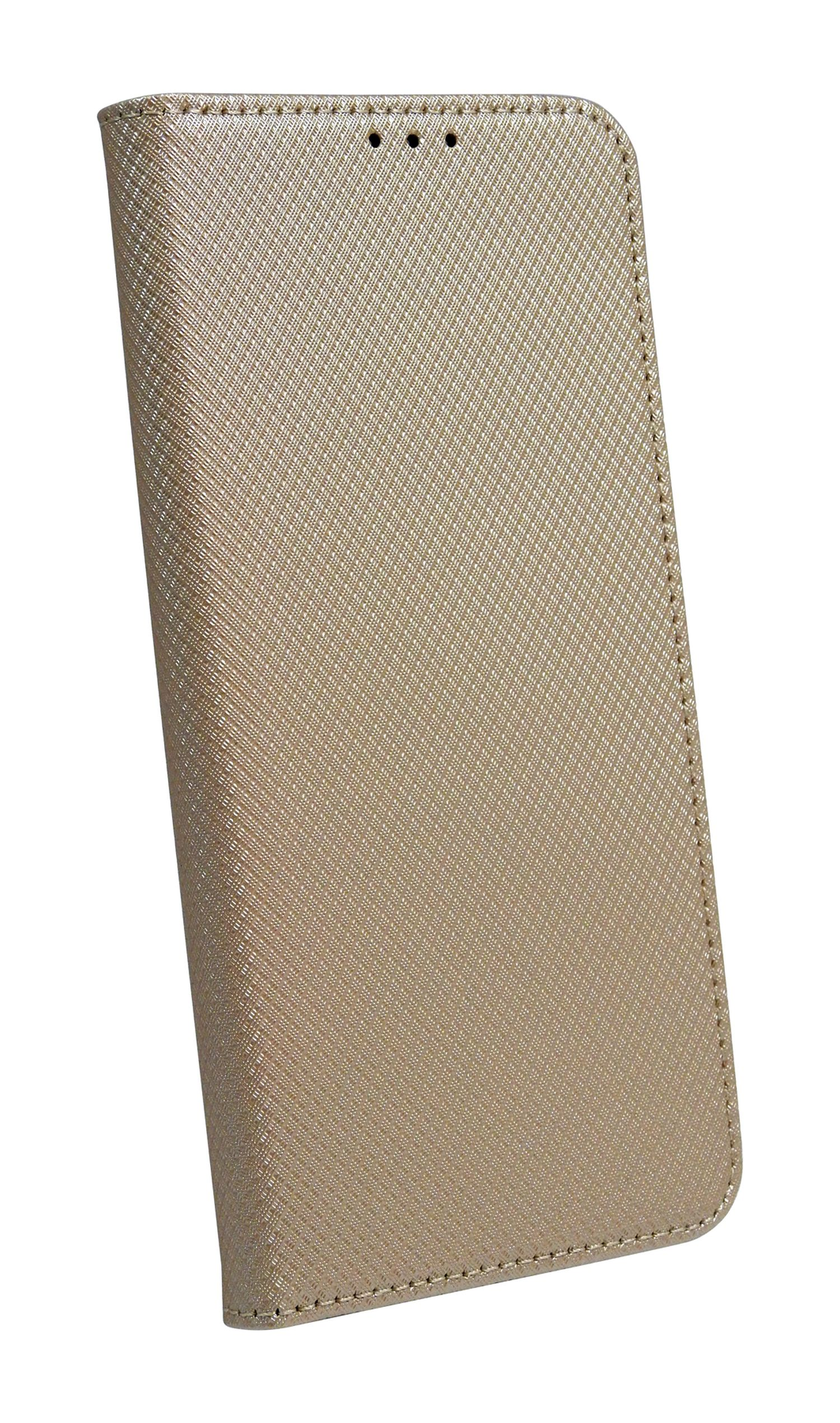 Custodia dorata per telefono con un design strutturato. La custodia è chiusa, con un bordo cucito.