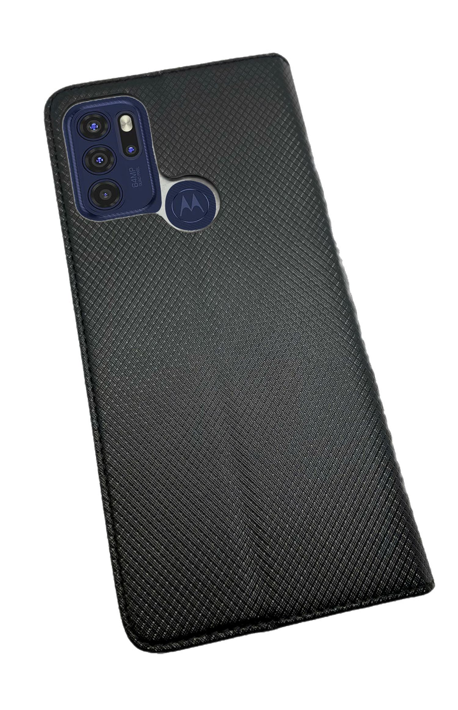 Schwarze Handyhülle mit strukturiertem Muster und Kameraausbuchtung. Motorola-Logo.