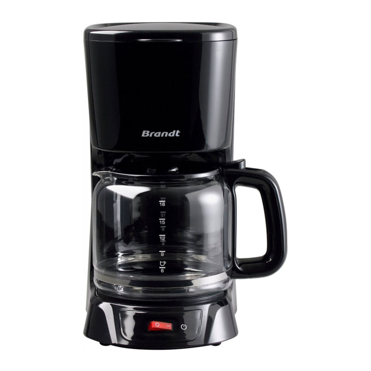 Czarny ekspres do kawy Brandt ze szklanym dzbankiem. Widoczny czerwony przycisk zasilania.