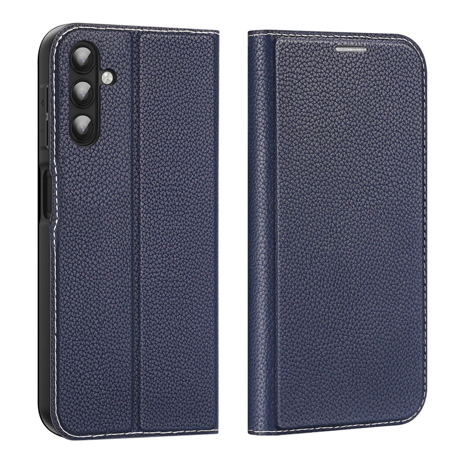 Eine blaue Leder-Handyhülle, geöffnet, um das Telefon zu zeigen. Die Hülle hat einen Magnetverschluss und eine strukturierte Oberfläche.