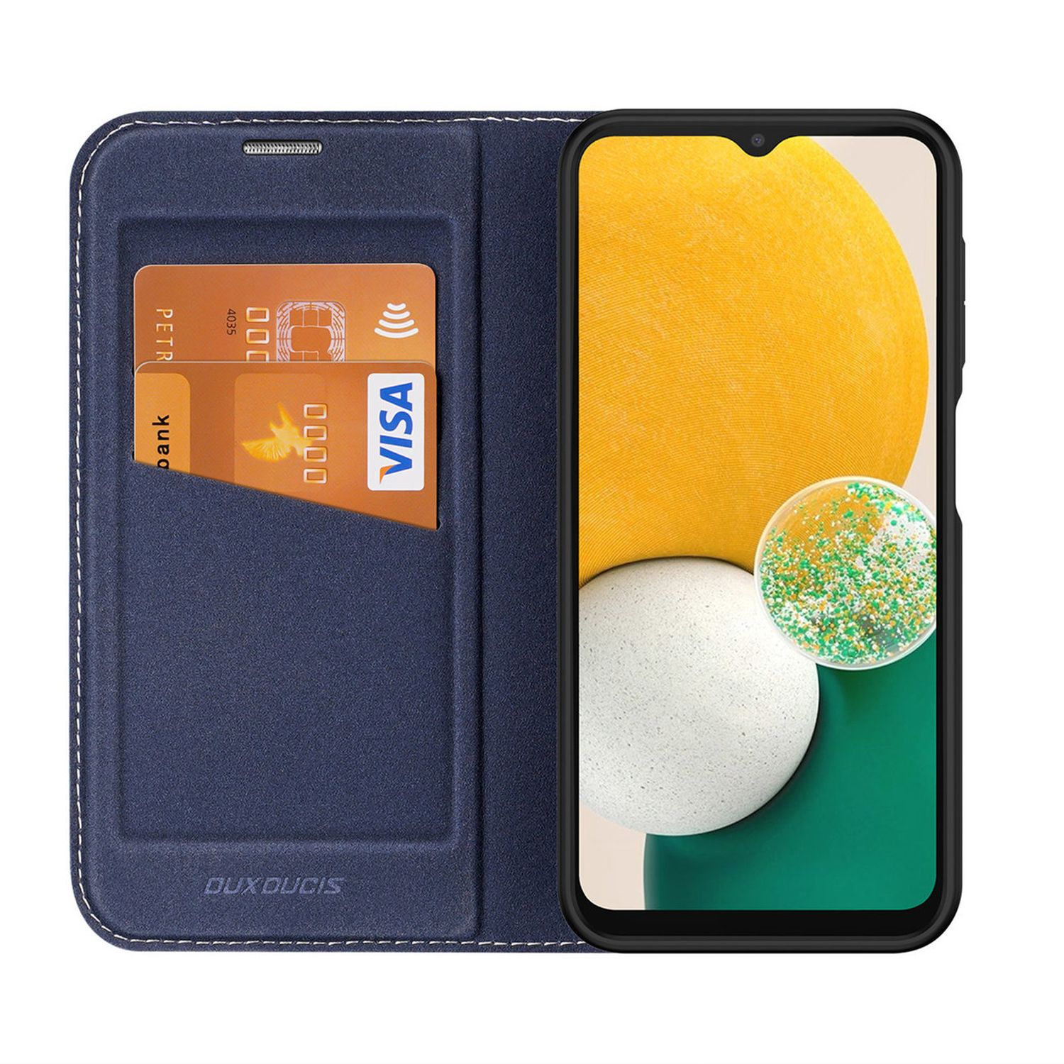 Eine blaue Handyhülle mit Telefon und Kartenfächern. Eine goldene Kreditkarte ist sichtbar.