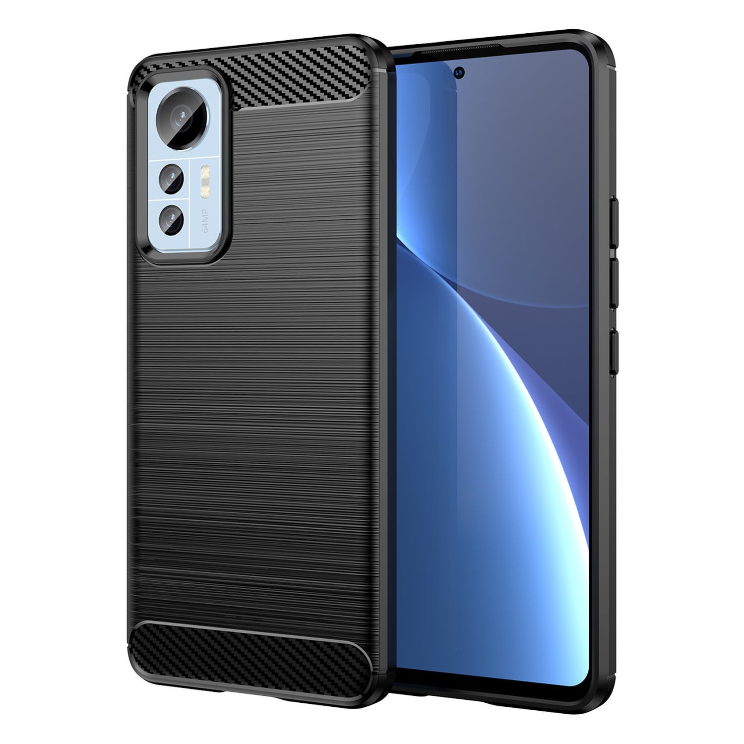 Schwarzes Smartphone mit strukturierter Rückseite. Die Hülle hat einen Carbonfaser-Look.