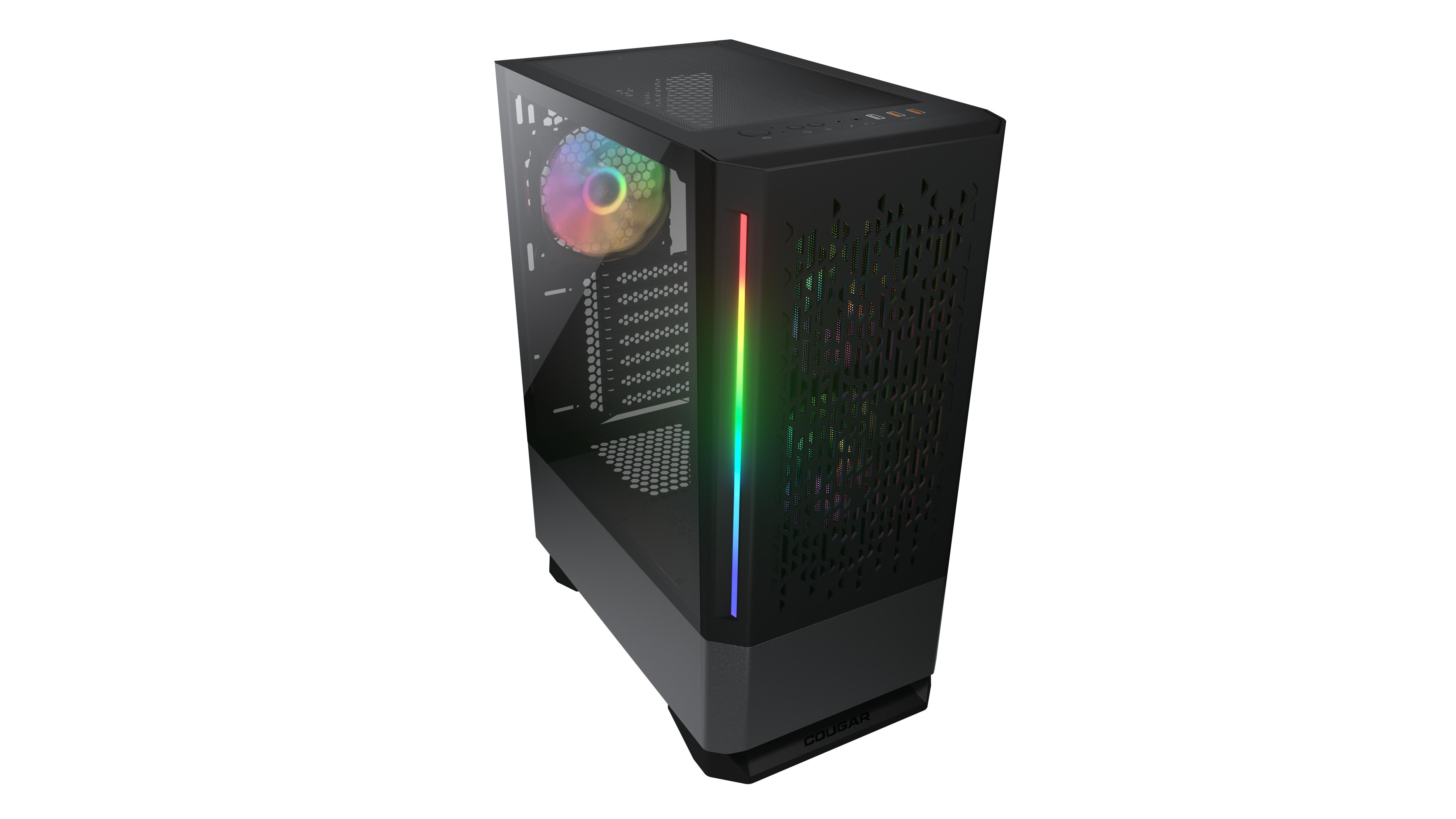Schwarzes Computergehäuse mit Glas-Seitenwand. RGB-Beleuchtung vorne.