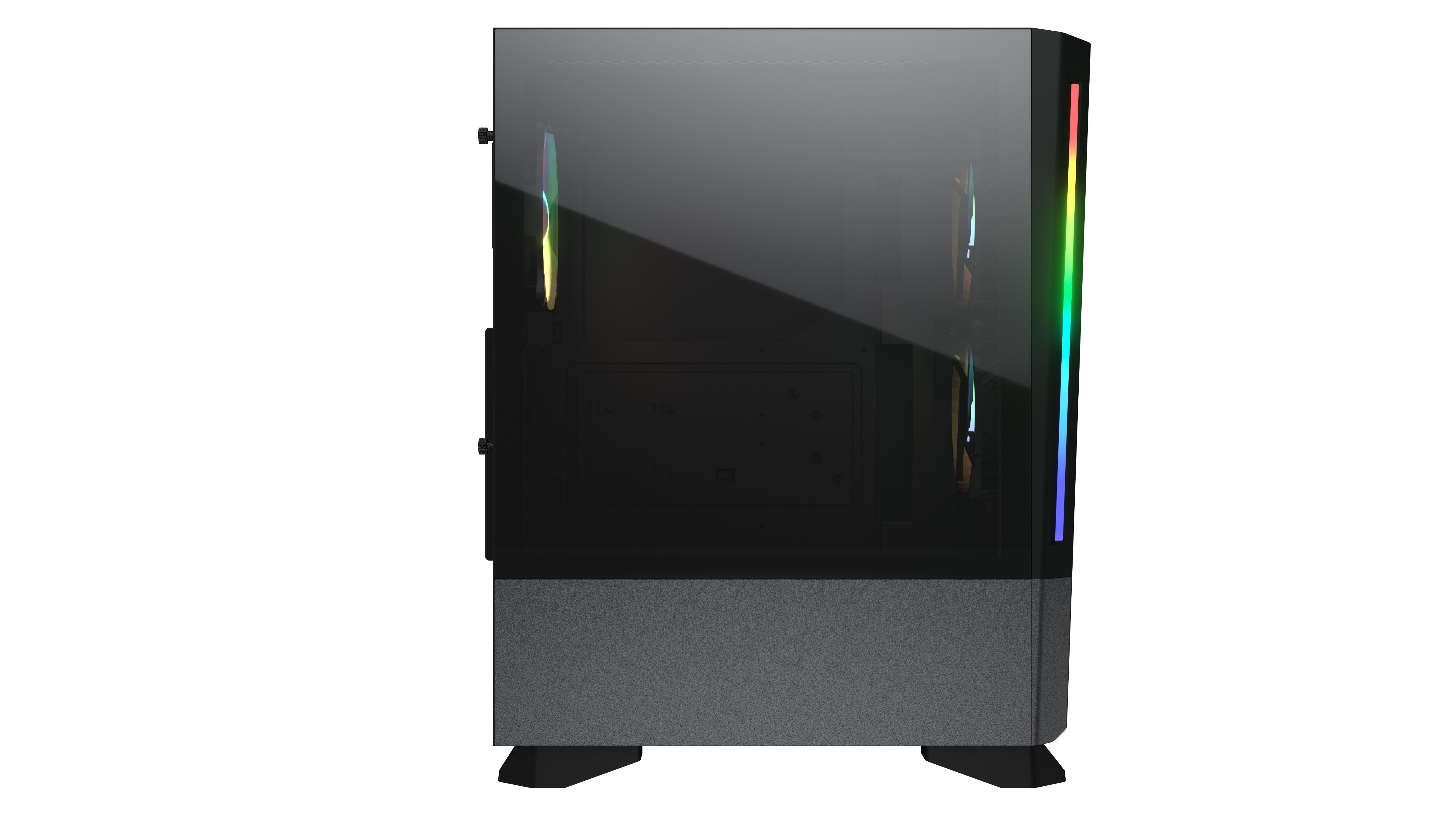 Seitenansicht eines schwarzen Computergehäuses mit RGB-Beleuchtung. Die Seitenwand ist transparent.