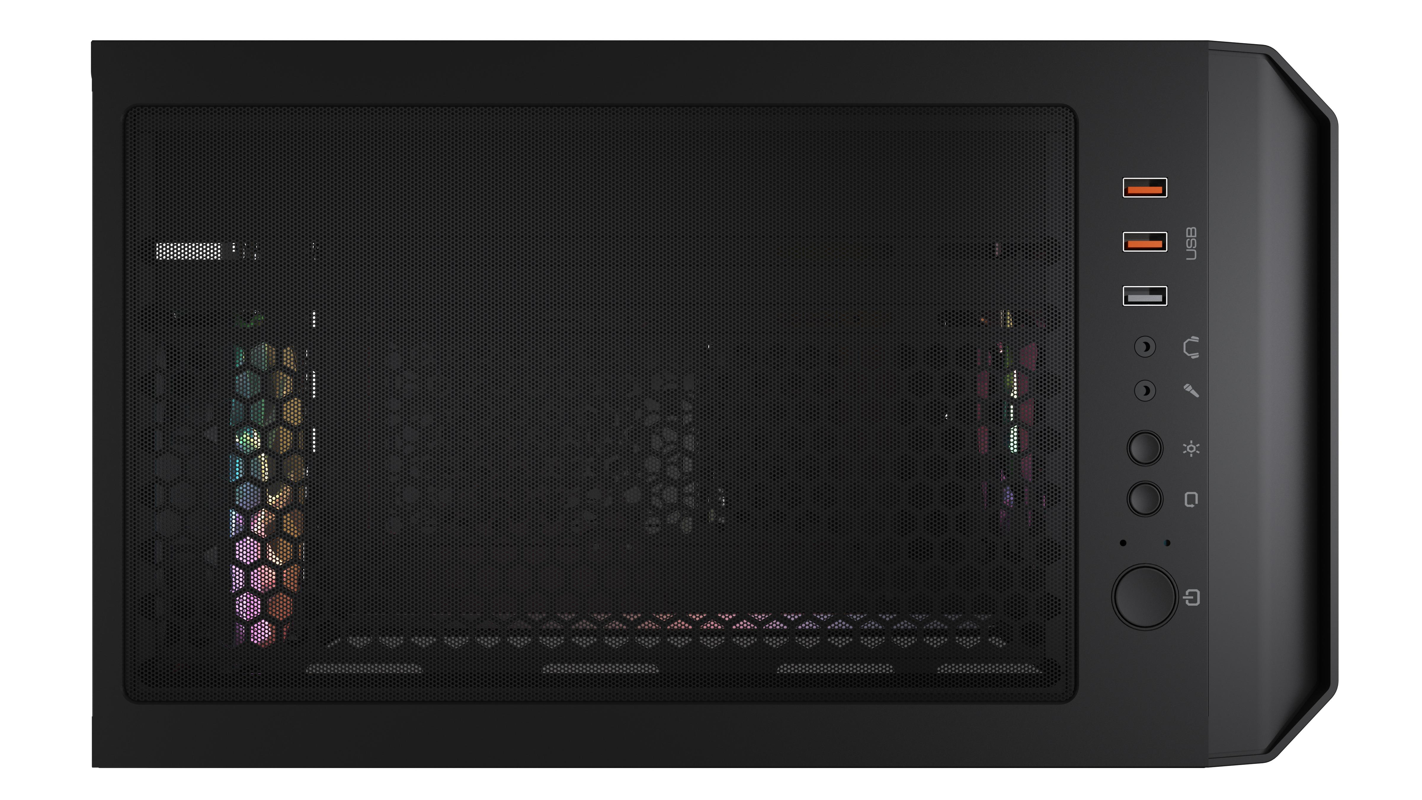 Schwarzes Computergehäuse, Draufsicht, mit Anschlüssen und Mesh.