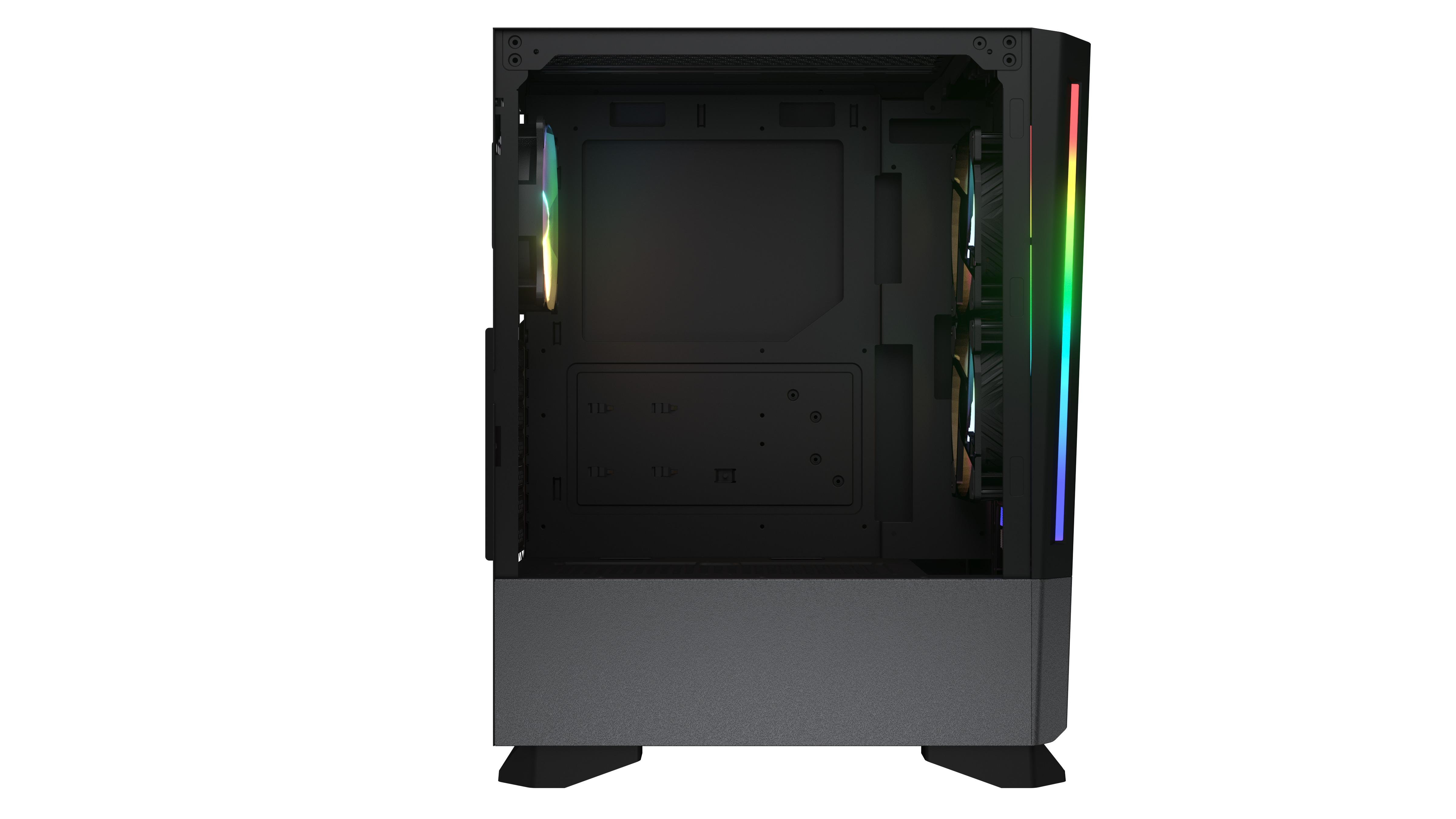 Ein Computergehäuse mit RGB-Beleuchtung. Es ist leer.