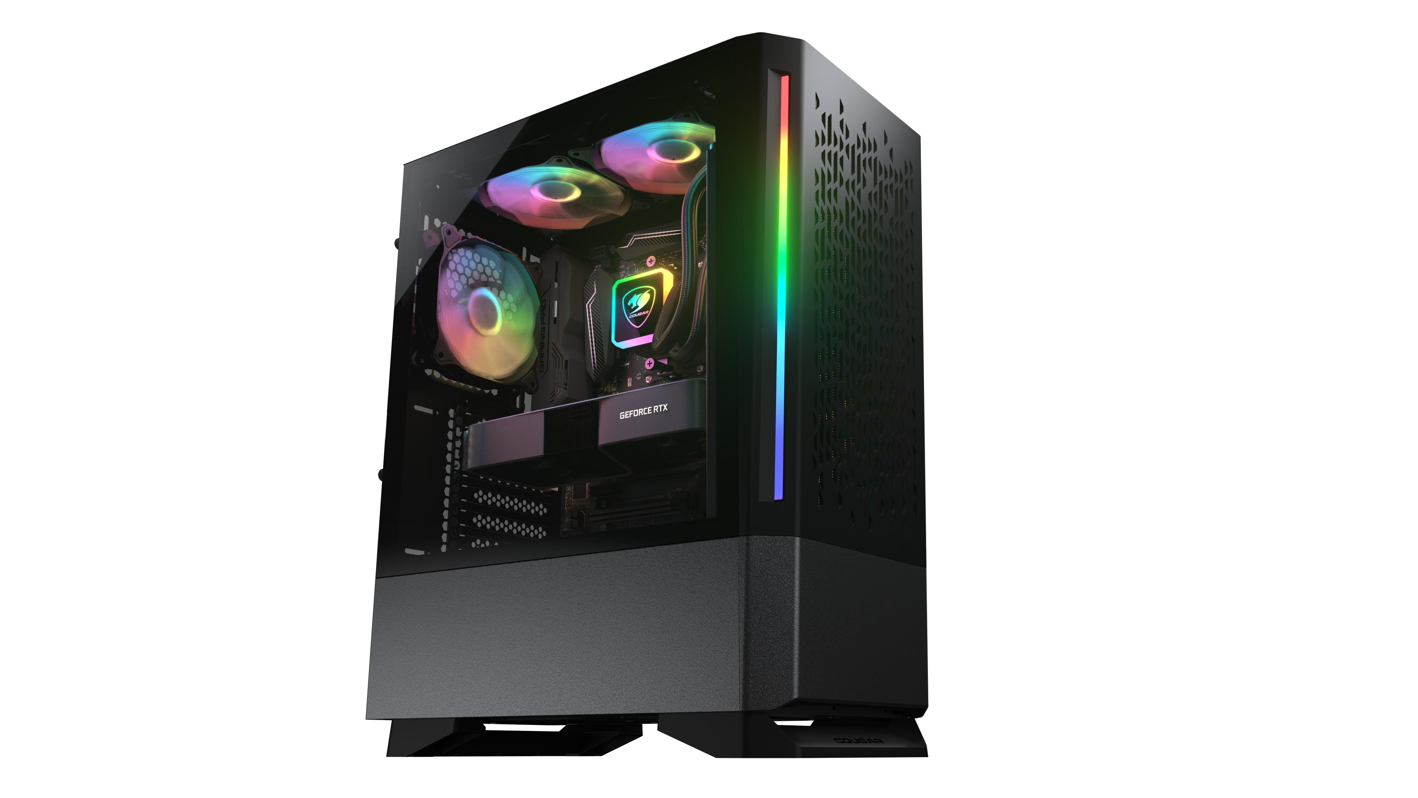 Computer-Tower mit RGB-Lichtern, Lüftern und Komponenten. Glas-Seitenwand. Schwarz-Silber-Farbschema.