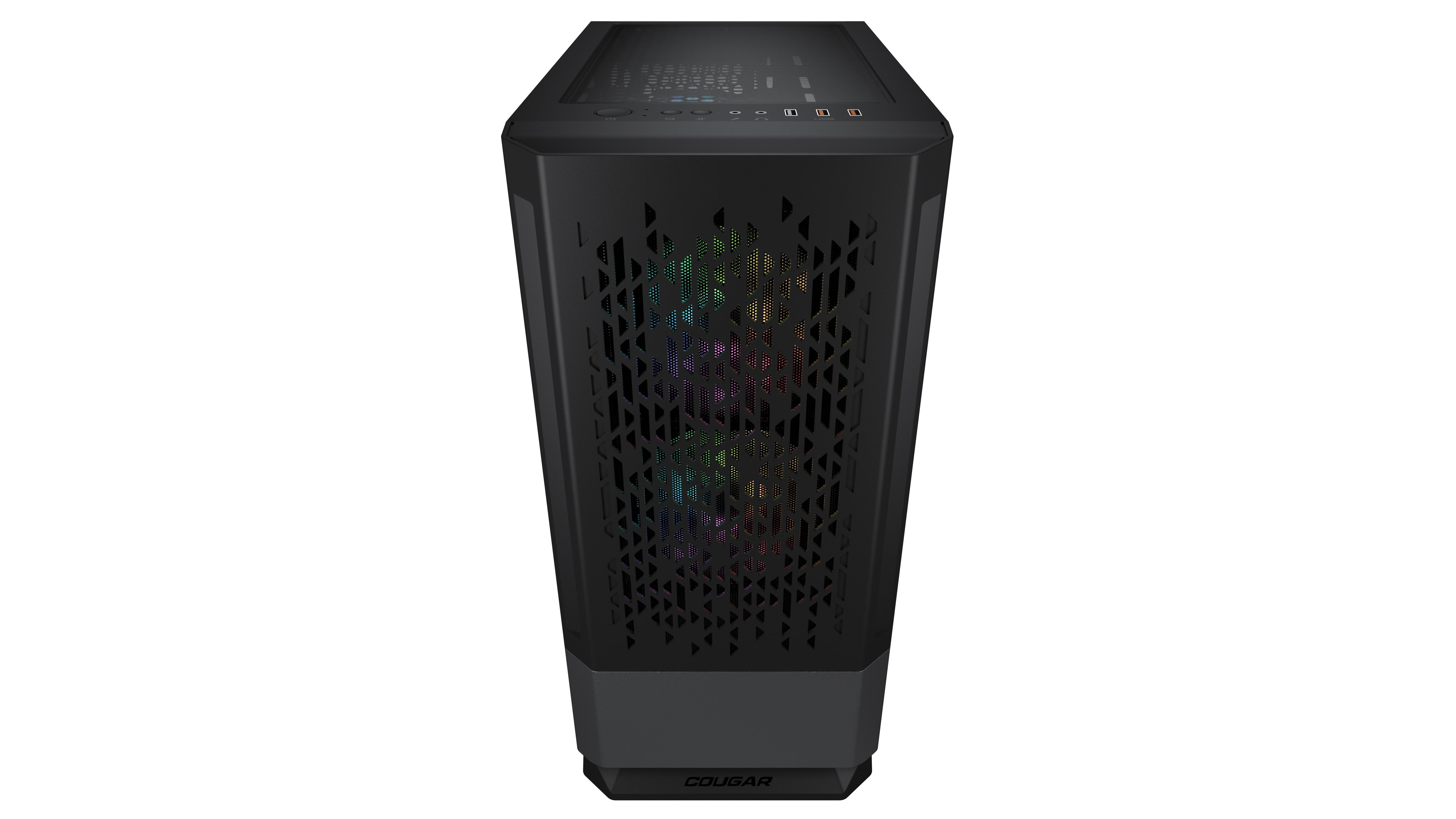 Schwarzes Computergehäuse mit Mesh-Front. Innenraum mit bunten Lichtern beleuchtet.