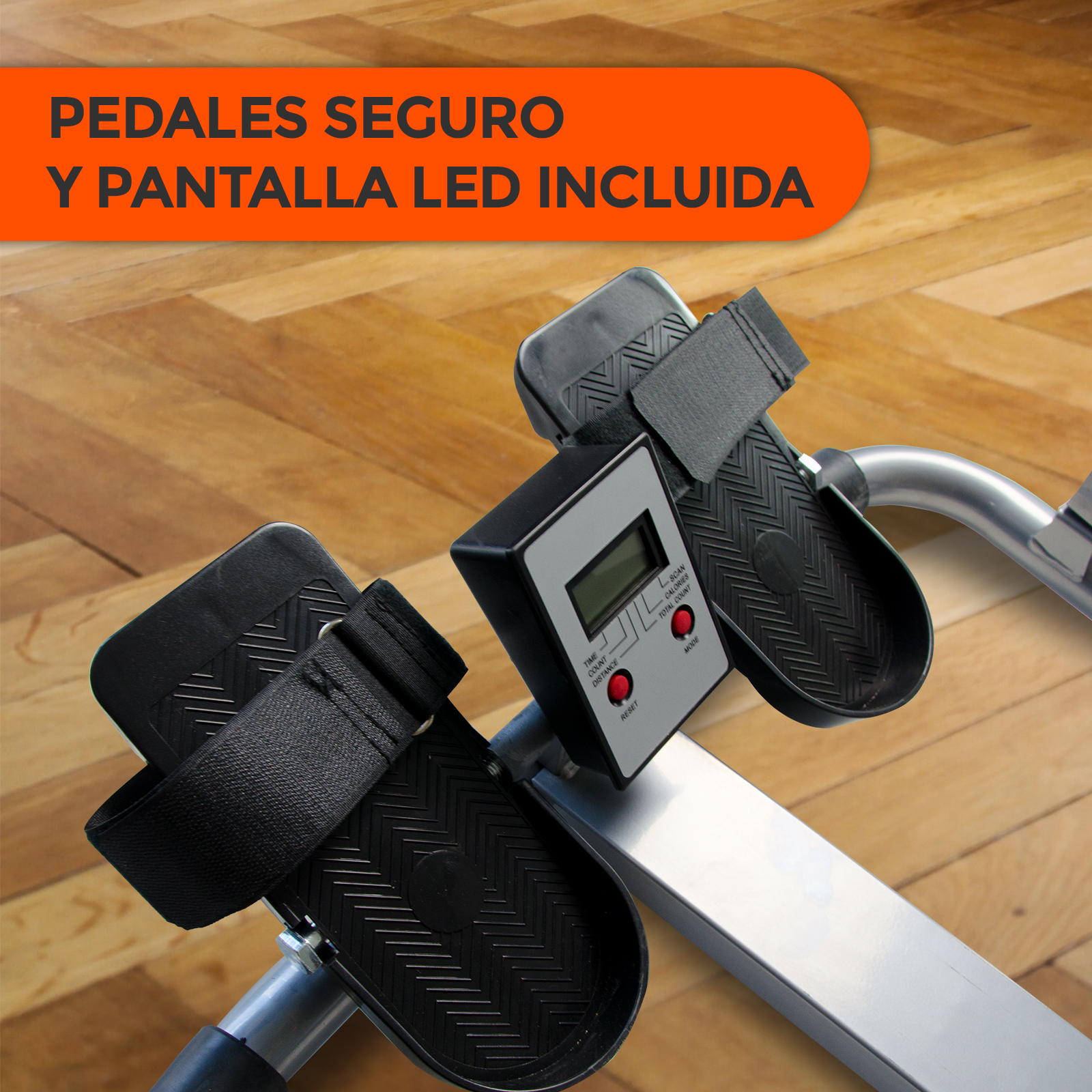 Primer plano de reposapiés de equipos de ejercicio con correas y una pantalla digital que muestra el tiempo.