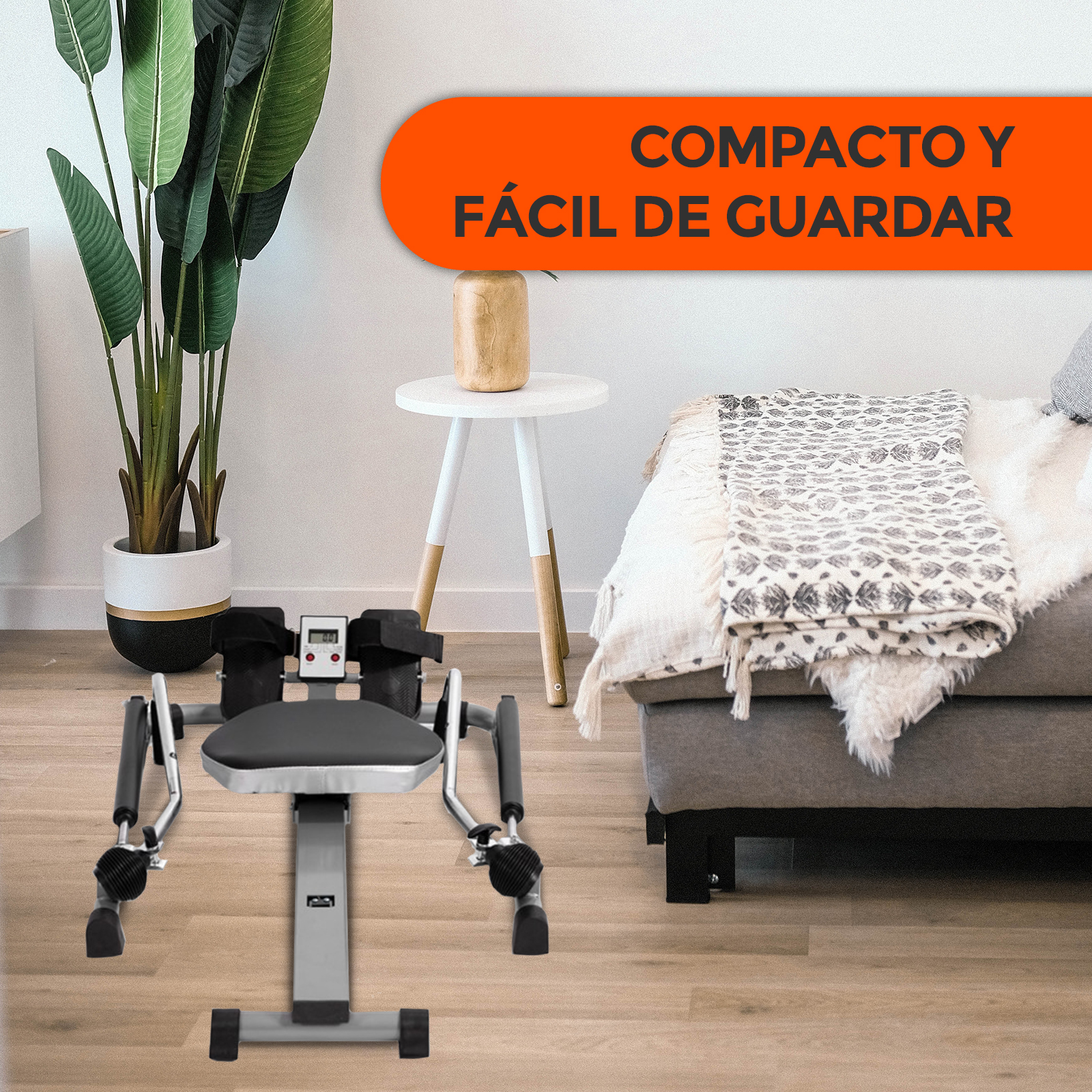 Una máquina de remo en suelo de madera con texto COMPACTO Y FÁCIL DE GUARDAR arriba.