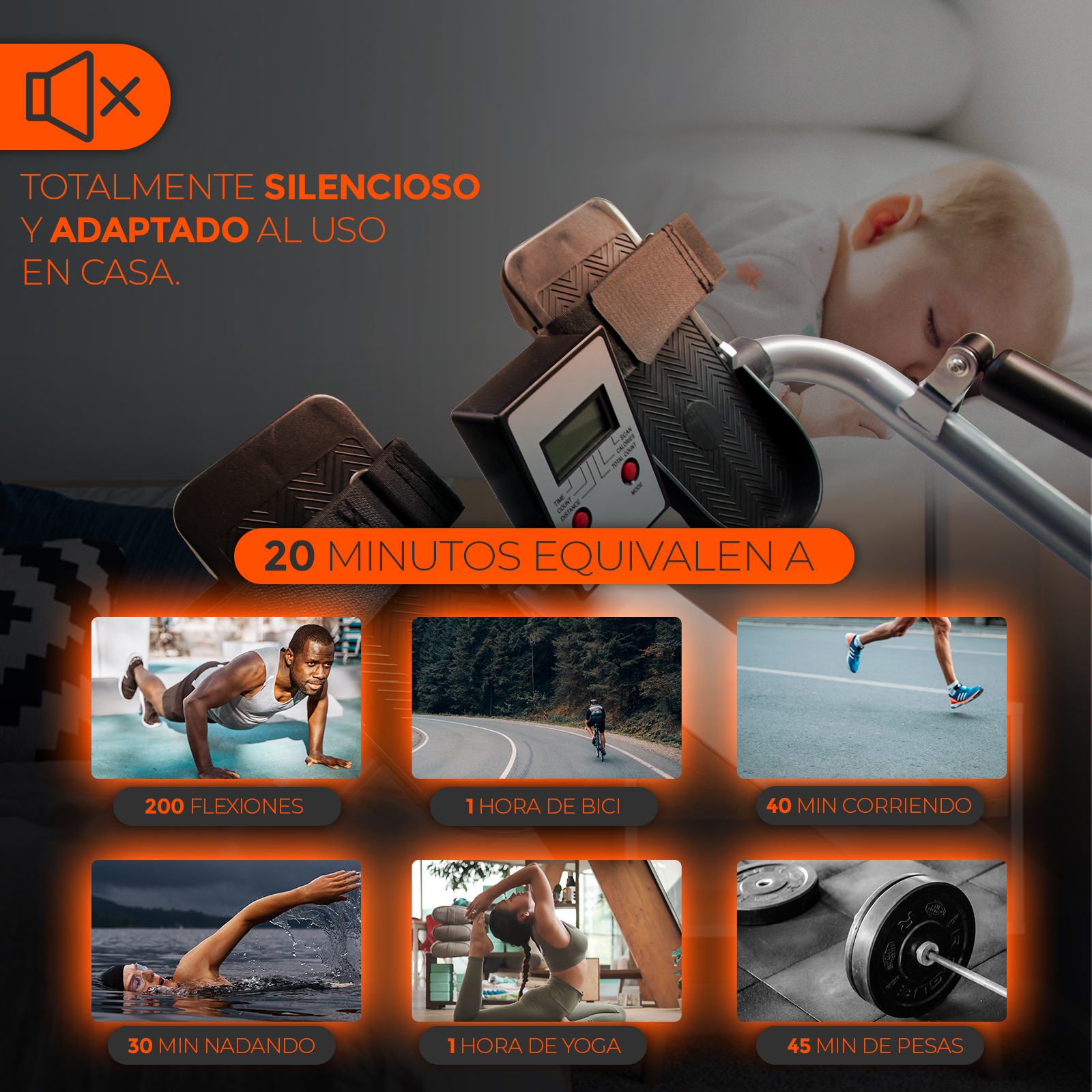 Imagen muestra ejercicios, junto a bebé durmiendo. Equipamiento fitness.