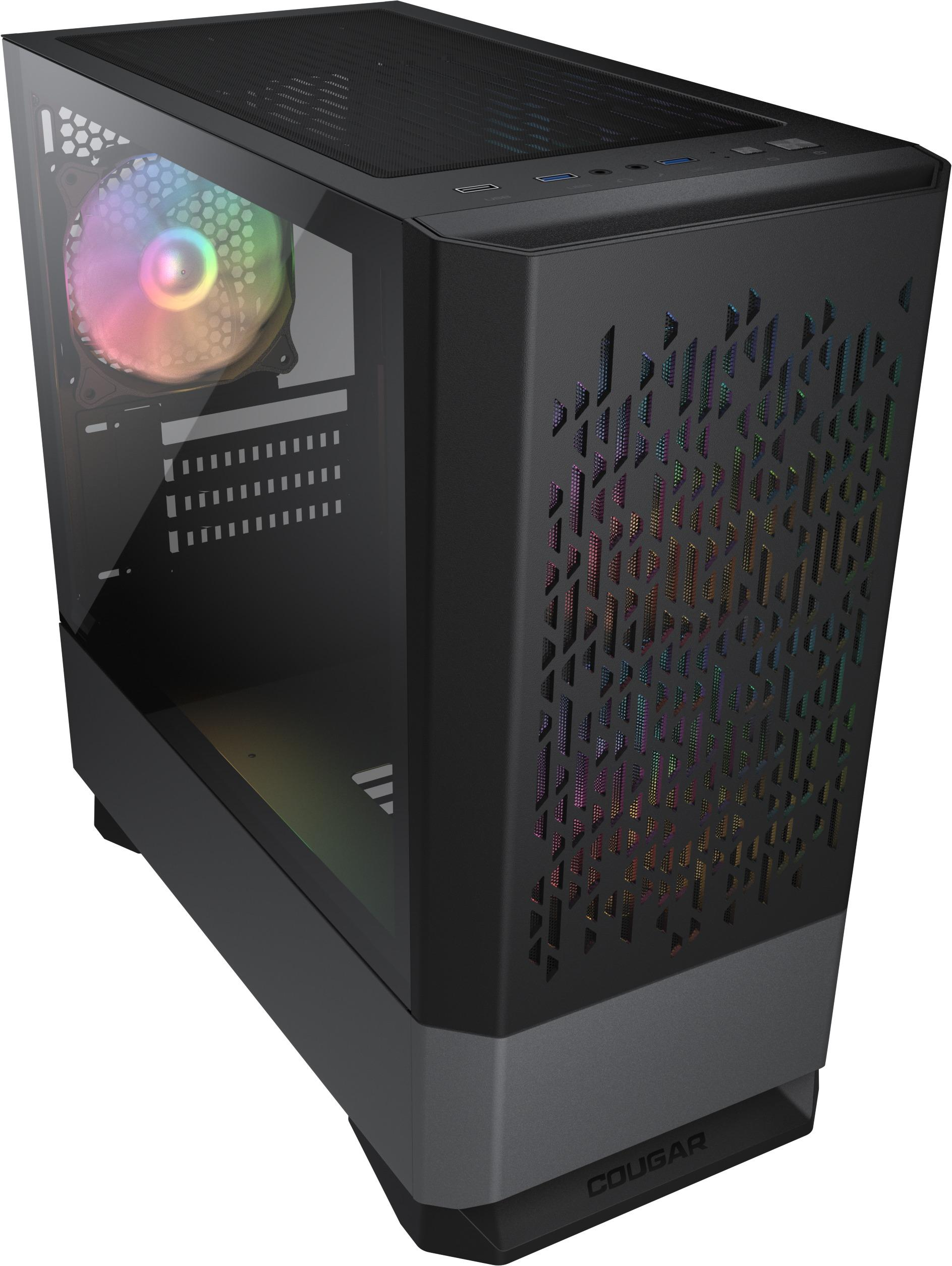 Schwarzes Computergehäuse mit Glasseitenwand. RGB-Lüfter sichtbar. Grau/schwarzer Sockel. Weißer Hintergrund.