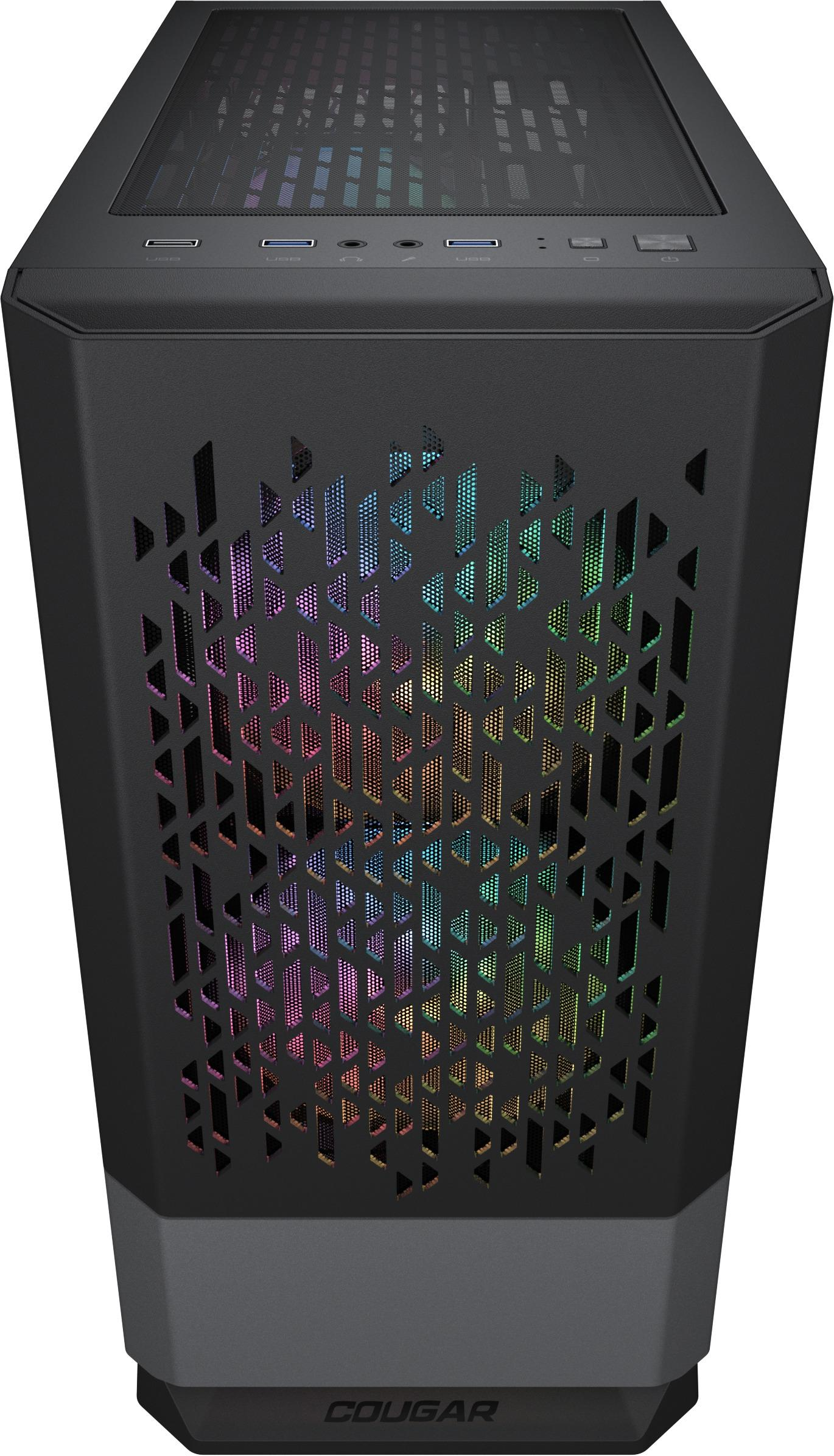 Ein schwarzes Computergehäuse mit Mesh-Front und RGB-Beleuchtung. Das Cougar-Logo ist unten sichtbar.