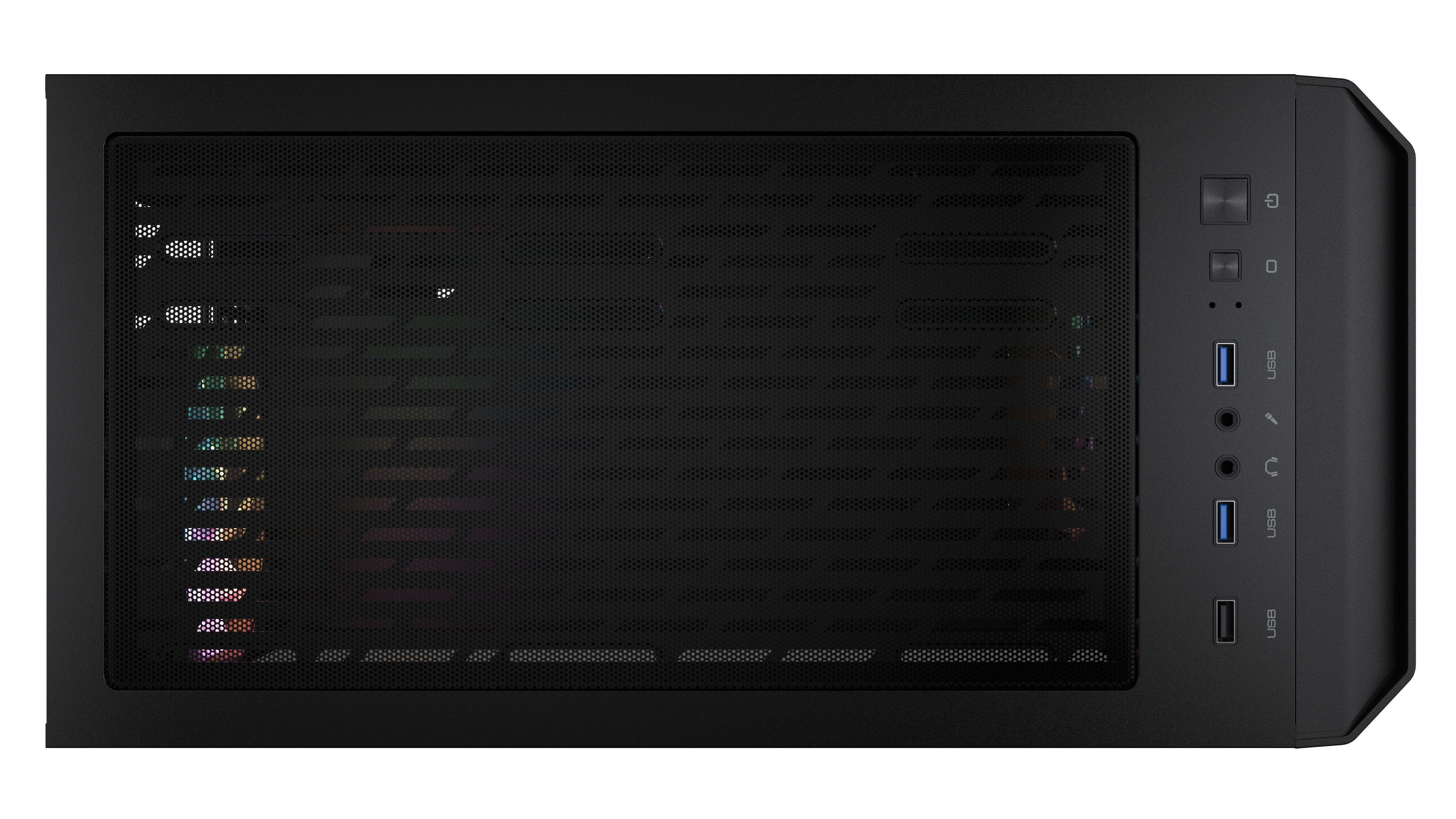 Ein schwarzes Computergehäuse mit Mesh-Front und sichtbaren internen Komponenten, Draufsicht.