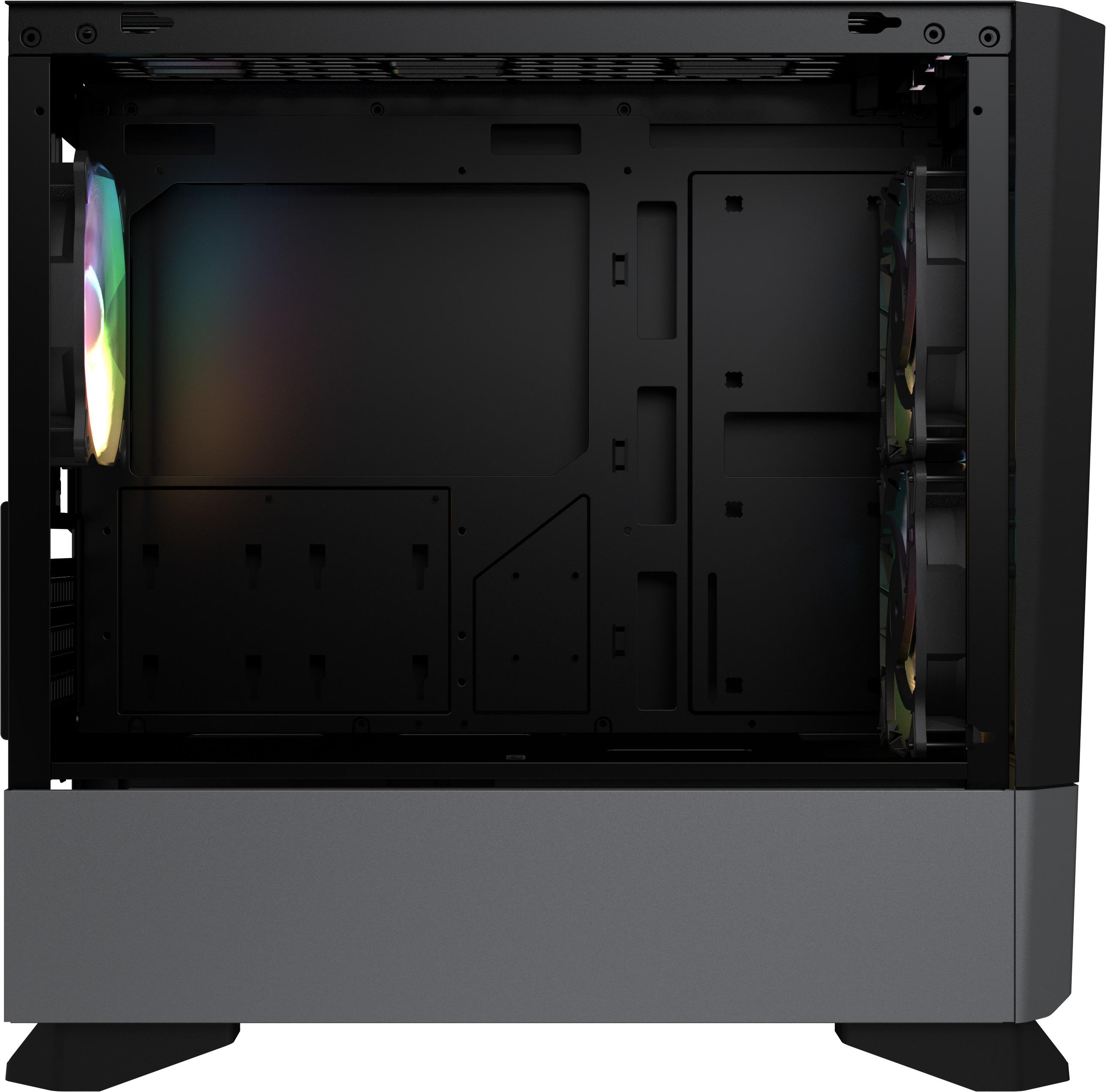 Ein Computergehäuse-Innenraum mit Lüftern und Komponenten, metallgrau und schwarz, offen.