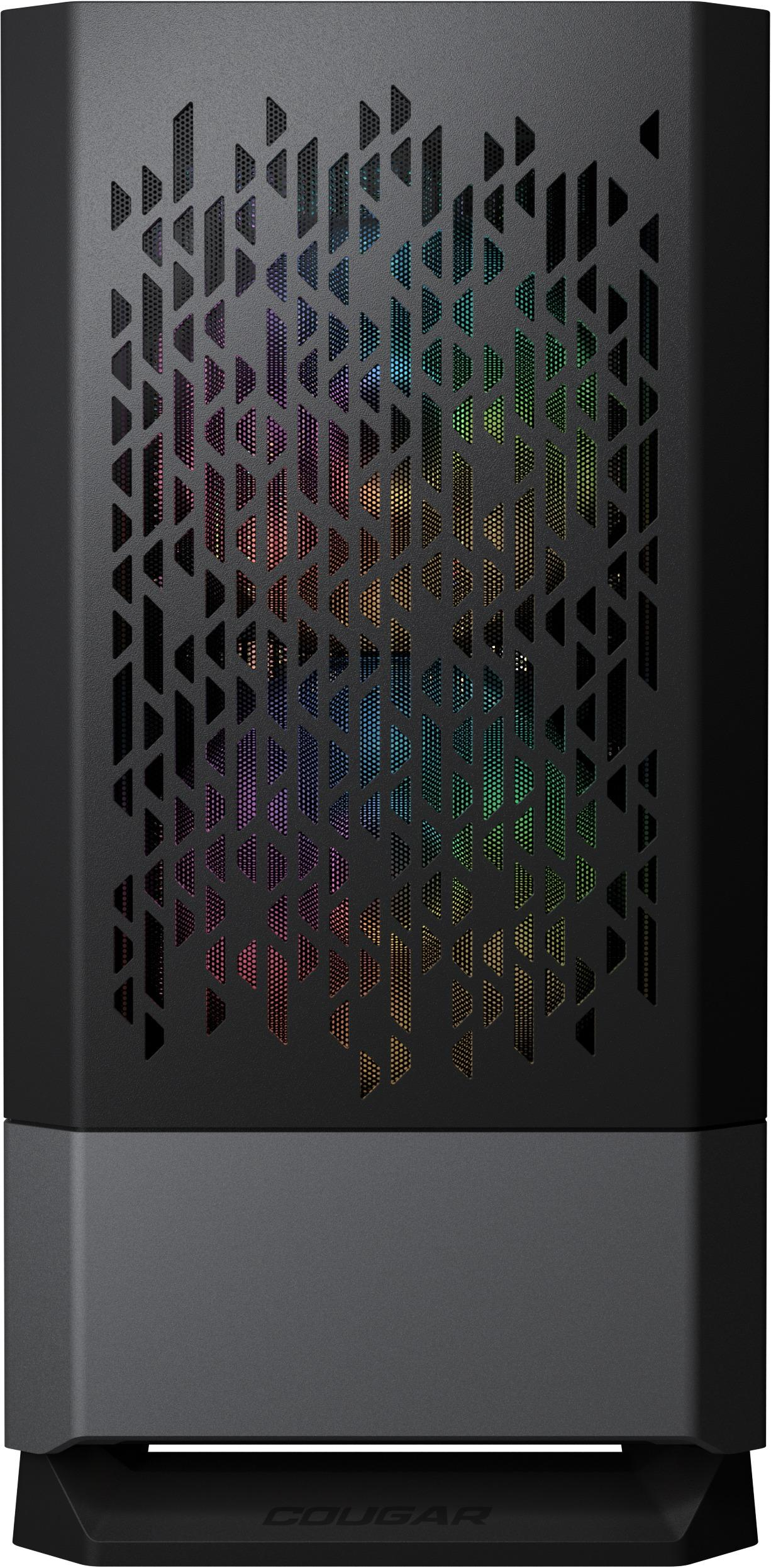Schwarzes Computergehäuse mit Mesh-Frontplatte. Platte hat bunte Lichter, die durch das Mesh sichtbar sind.