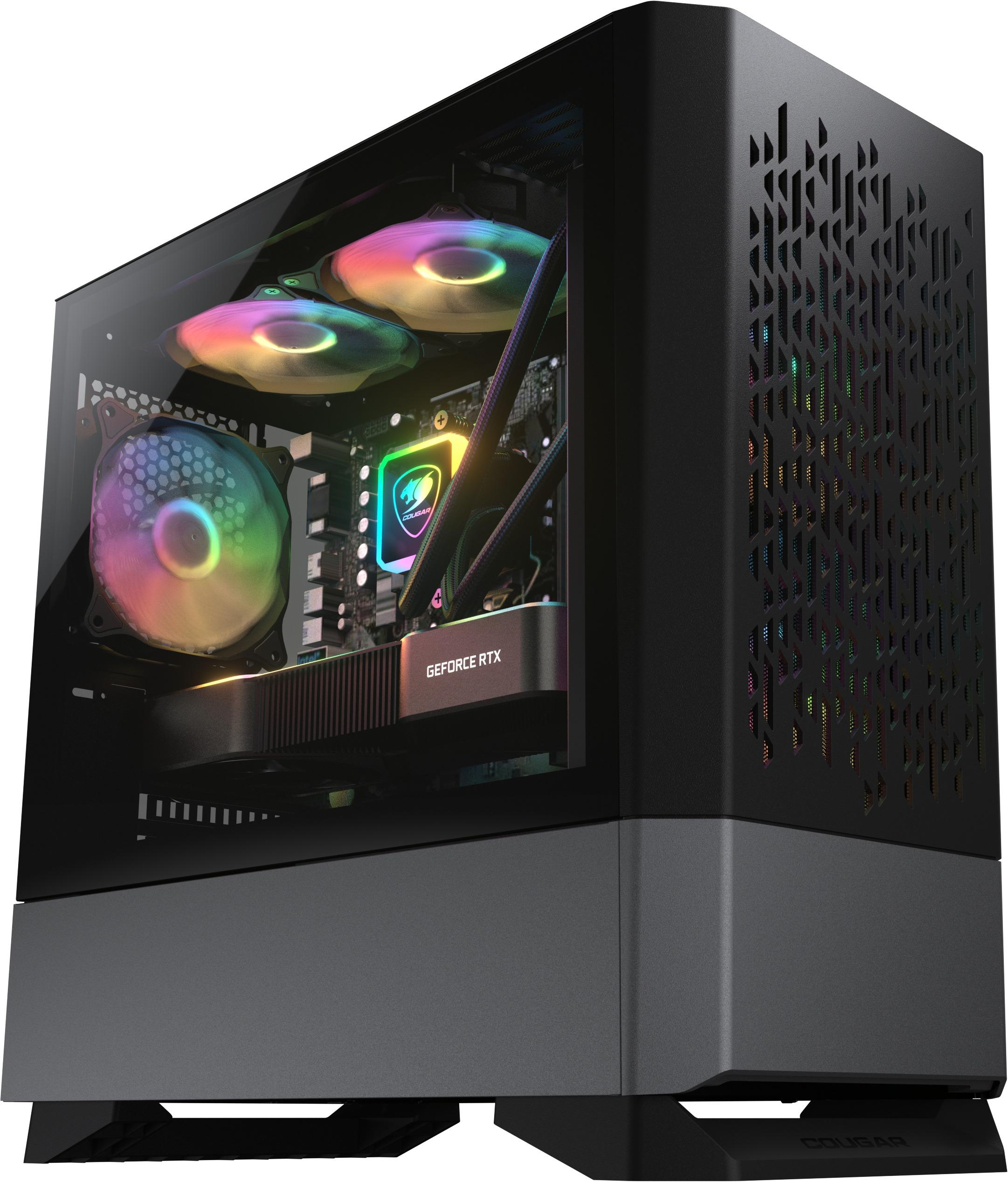 Ein schwarzes und graues Computergehäuse mit Glasseitenwand, die das Innere mit bunten Lichtern zeigt.