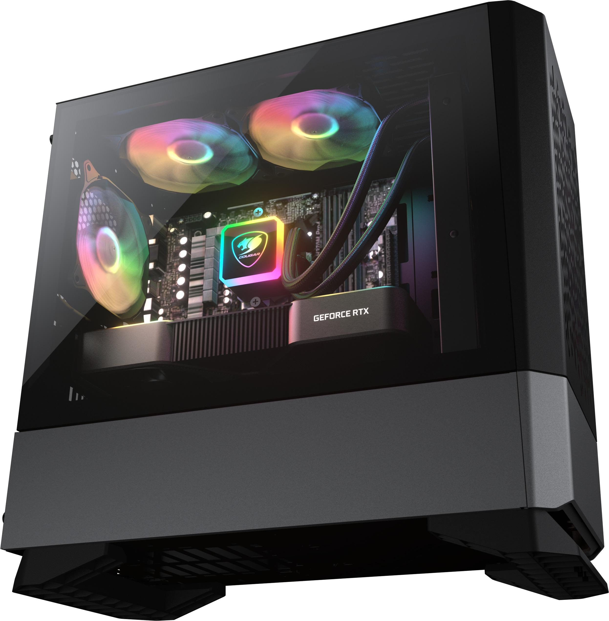 Computergehäuse mit Glasseite, zeigt interne Komponenten, mehrere Lüfter mit RGB-Lichtern und eine GPU. Schwarz und grau.